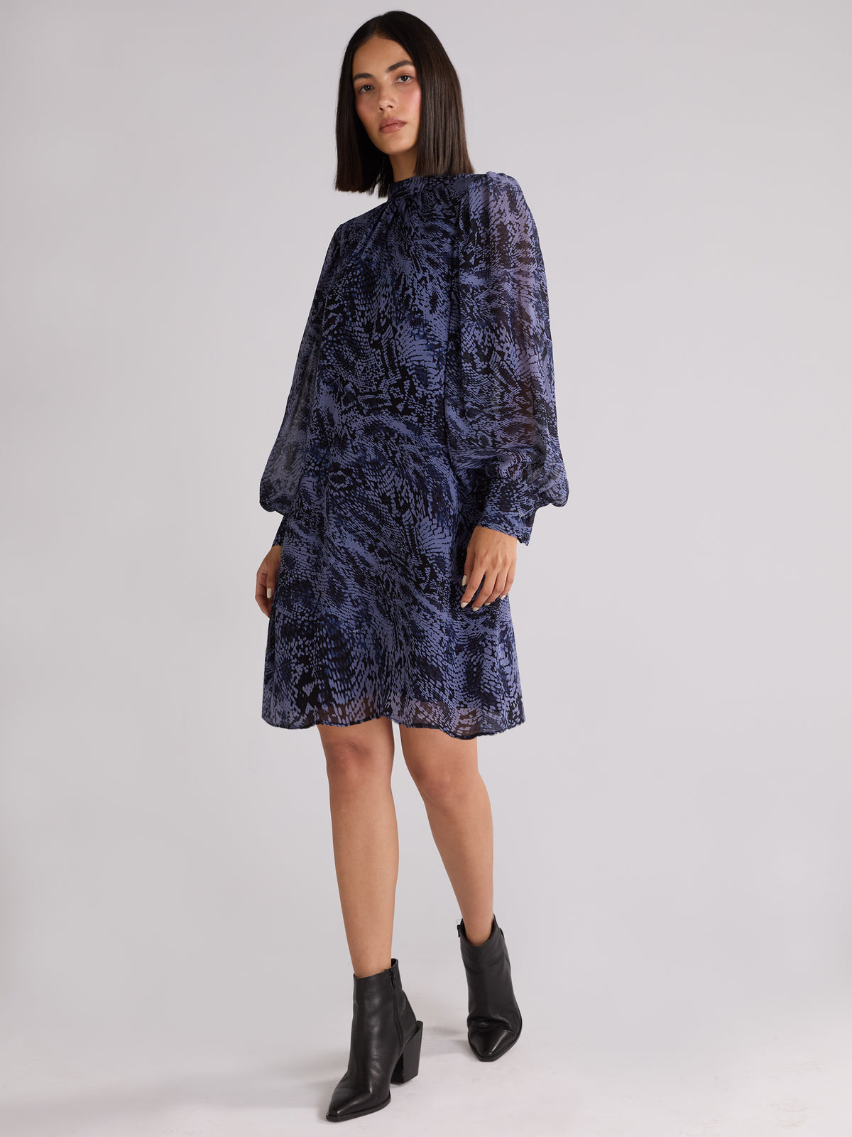 Navy Animal Print High Neck Dress