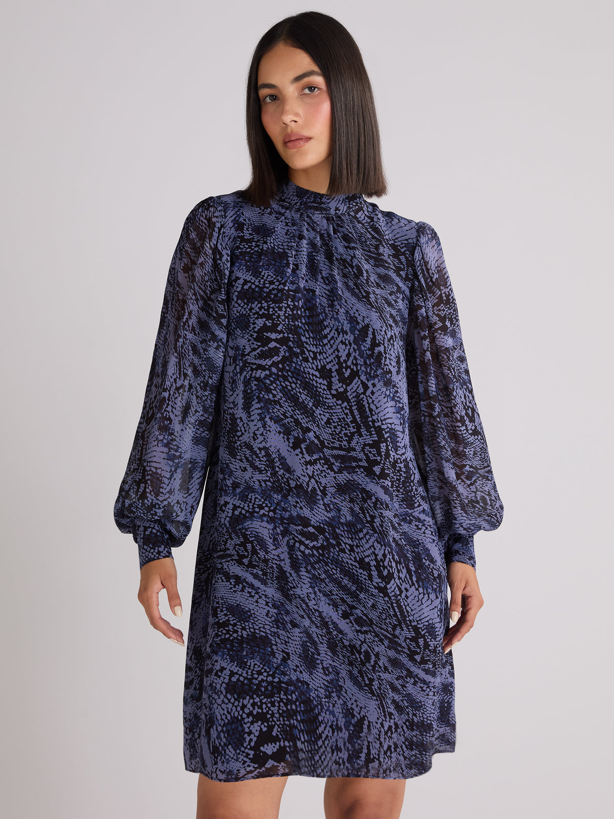 Navy Animal Print High Neck Dress