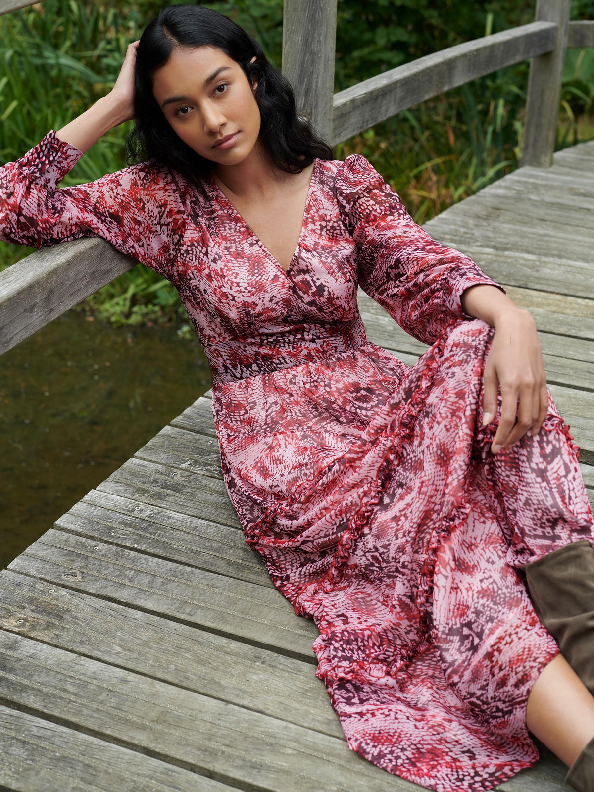 Pink Animal Print Frill Detail Maxi Dress