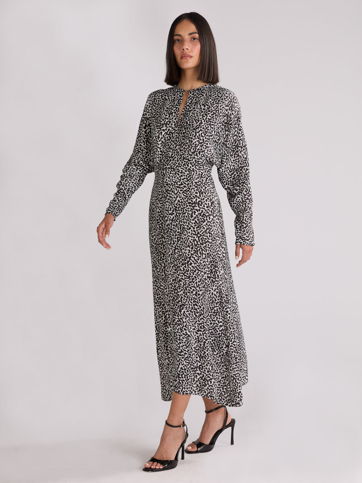 Mono Dalmatian Print Batwing Sleeve Midaxi Dress