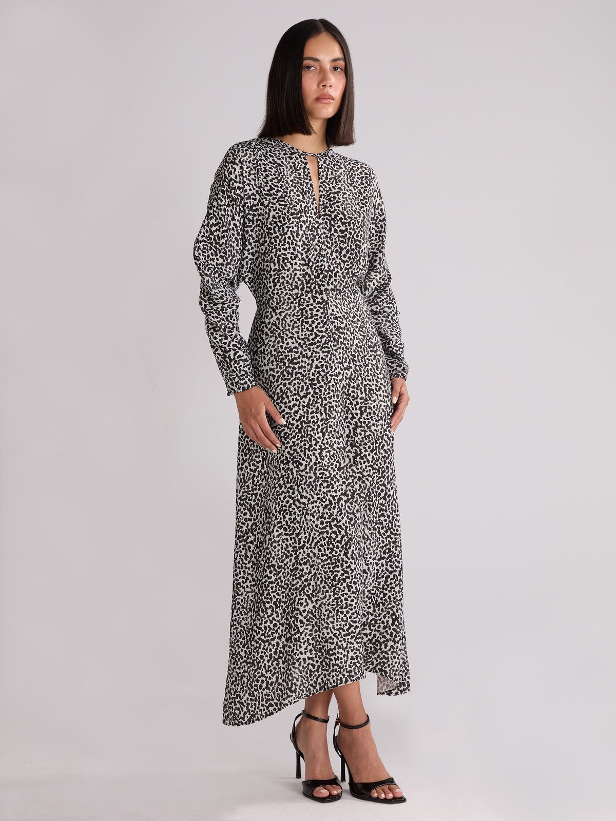 Mono Dalmatian Print Batwing Sleeve Midaxi Dress