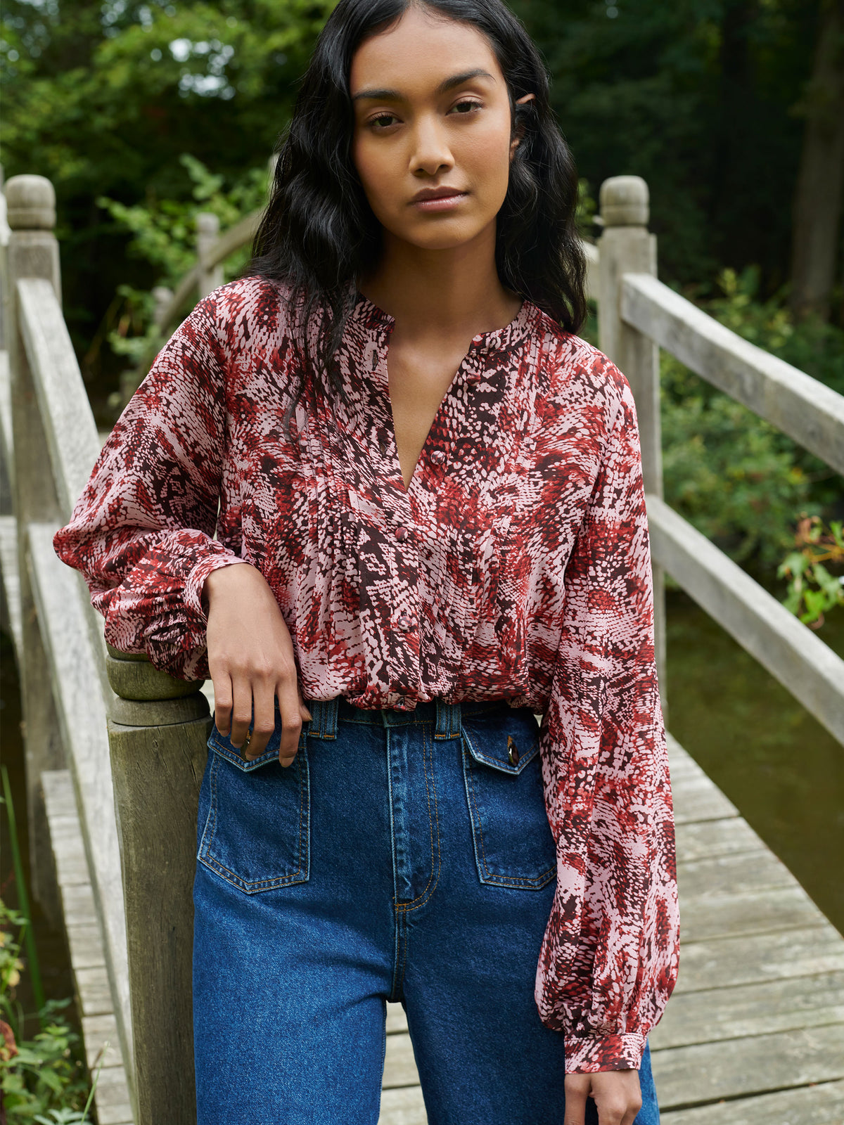 Pink Animal Print Pintuck Blouse