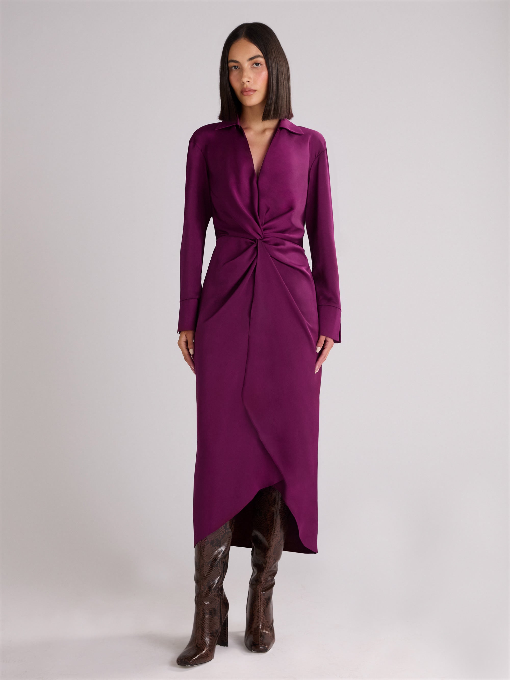 Berry Satin Twist Front Shirt Dress Ro Zo