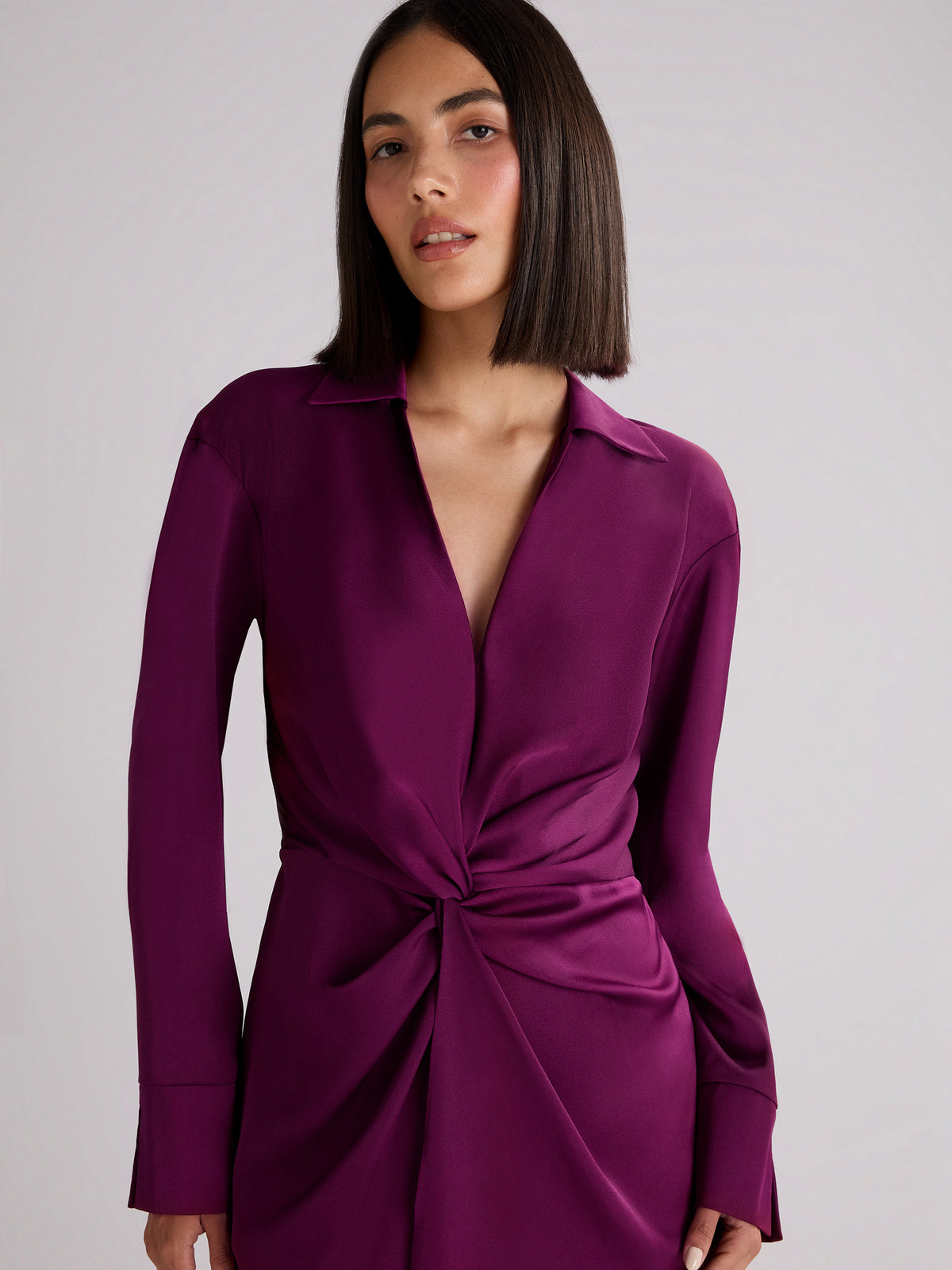 Berry Satin Twist Front Shirt Dress