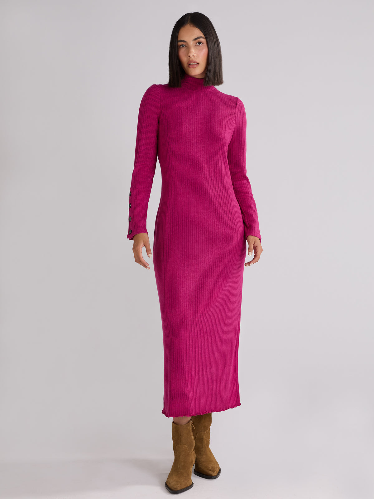 Petite Pink Rib Knit High Neck Dress