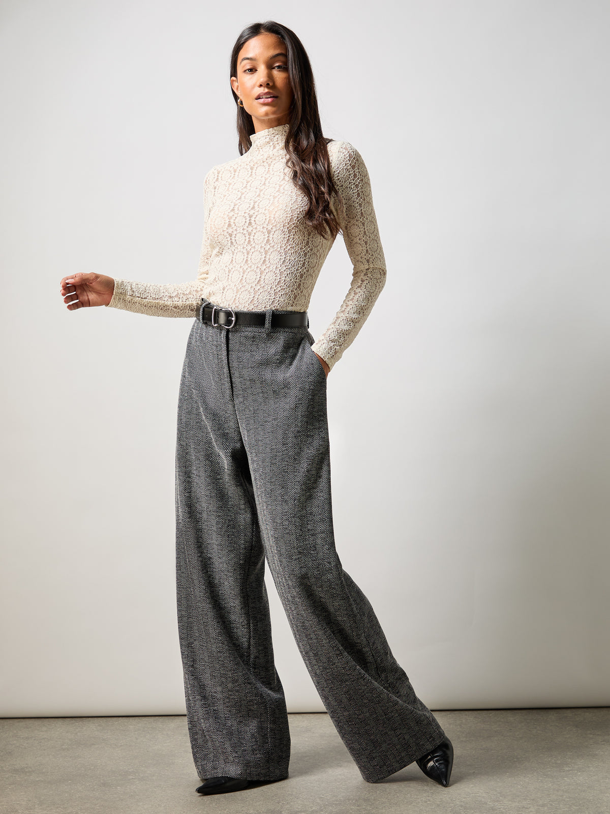 Petite Grey Herringbone Wide Leg Trousers