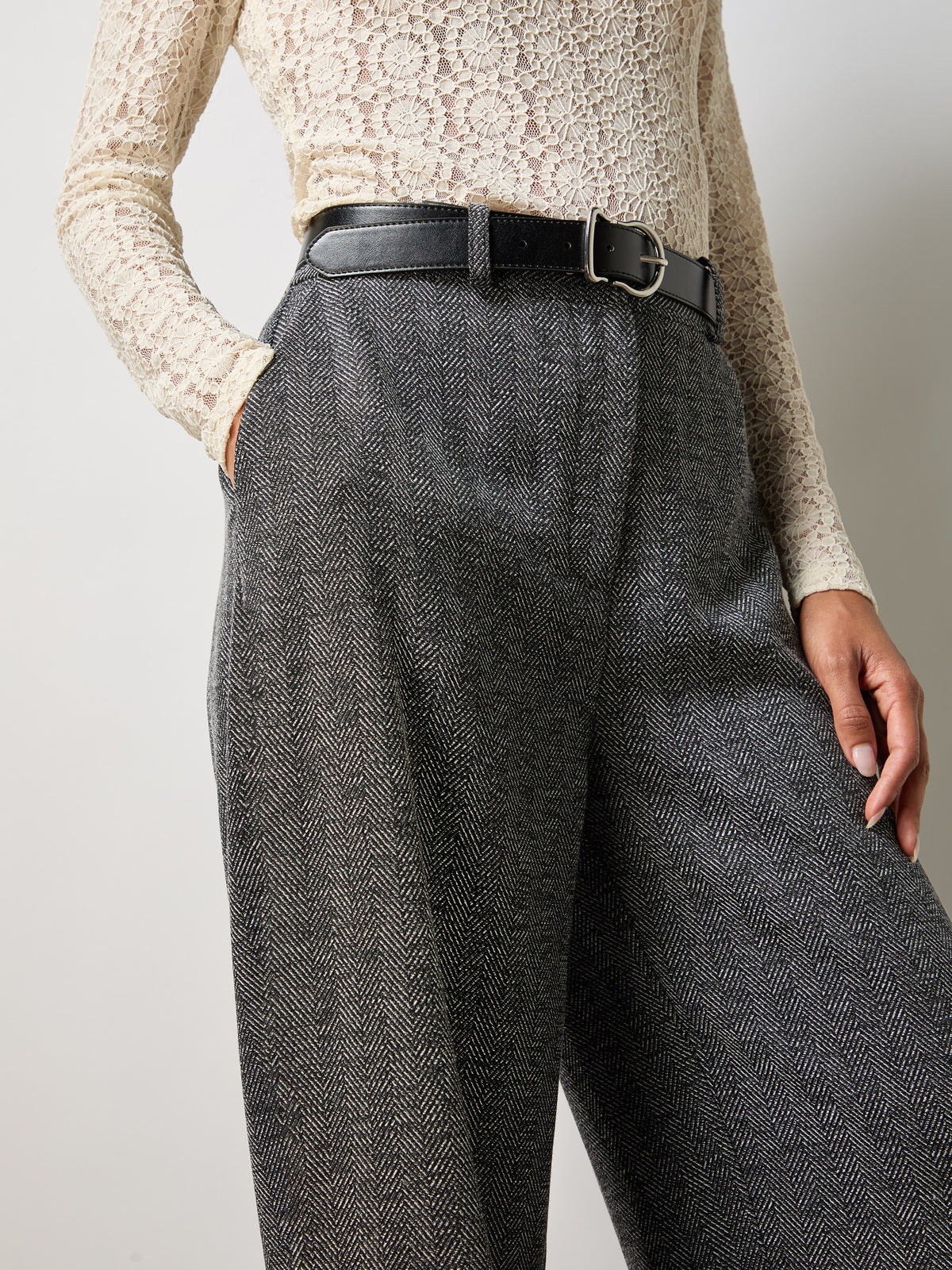 Petite Grey Herringbone Wide Leg Trousers