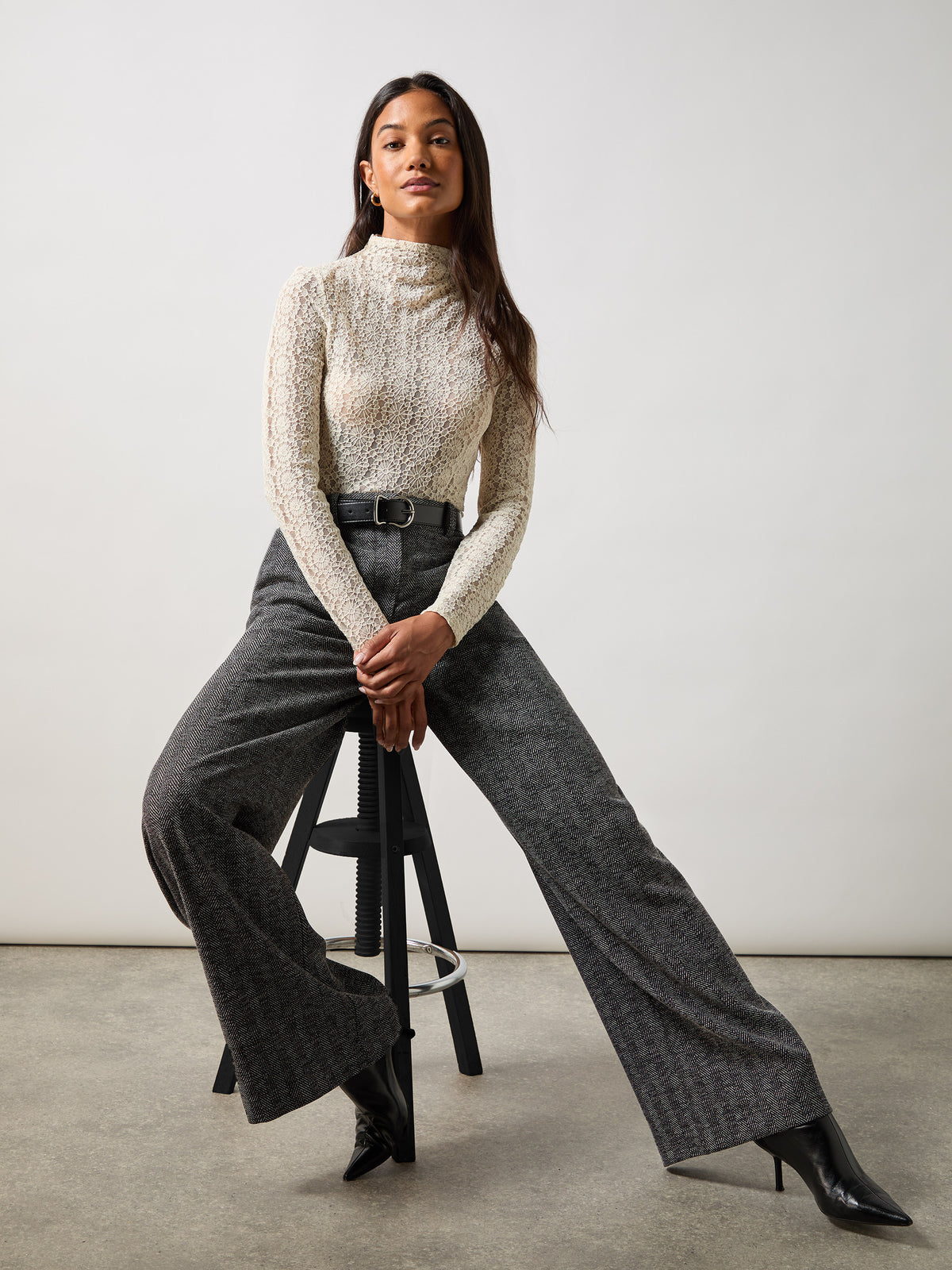 Petite Grey Herringbone Wide Leg Trousers