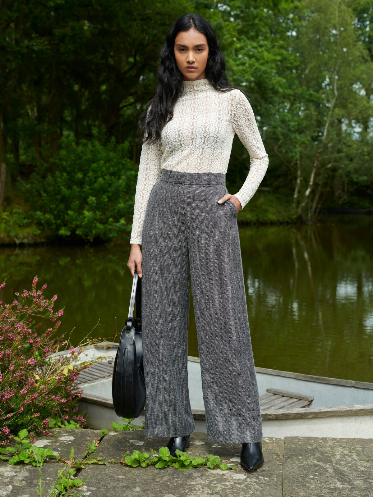 Grey Herringbone Wide Leg Trousers