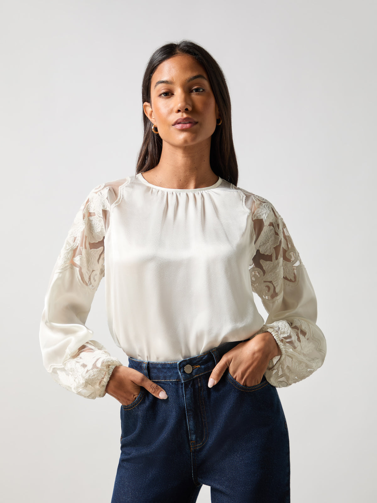 Ivory Satin Lace Insert Blouse