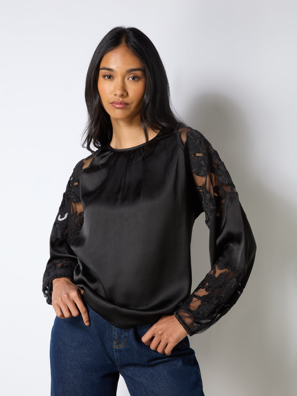 Black Satin Lace Insert Blouse