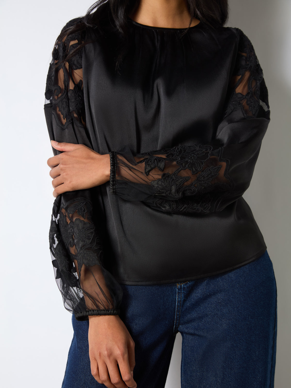 Black Satin Lace Insert Blouse