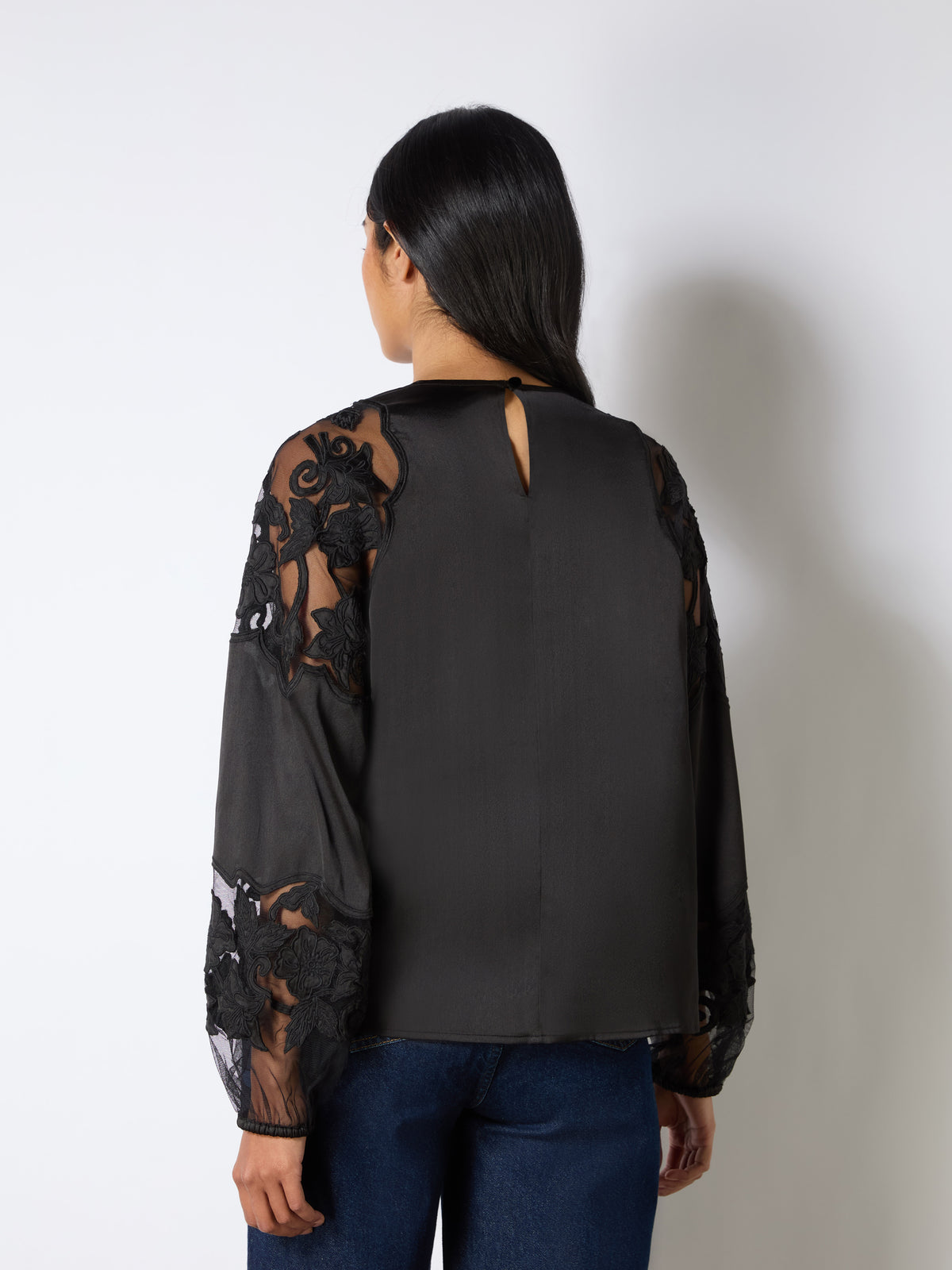 Black Satin Lace Insert Blouse