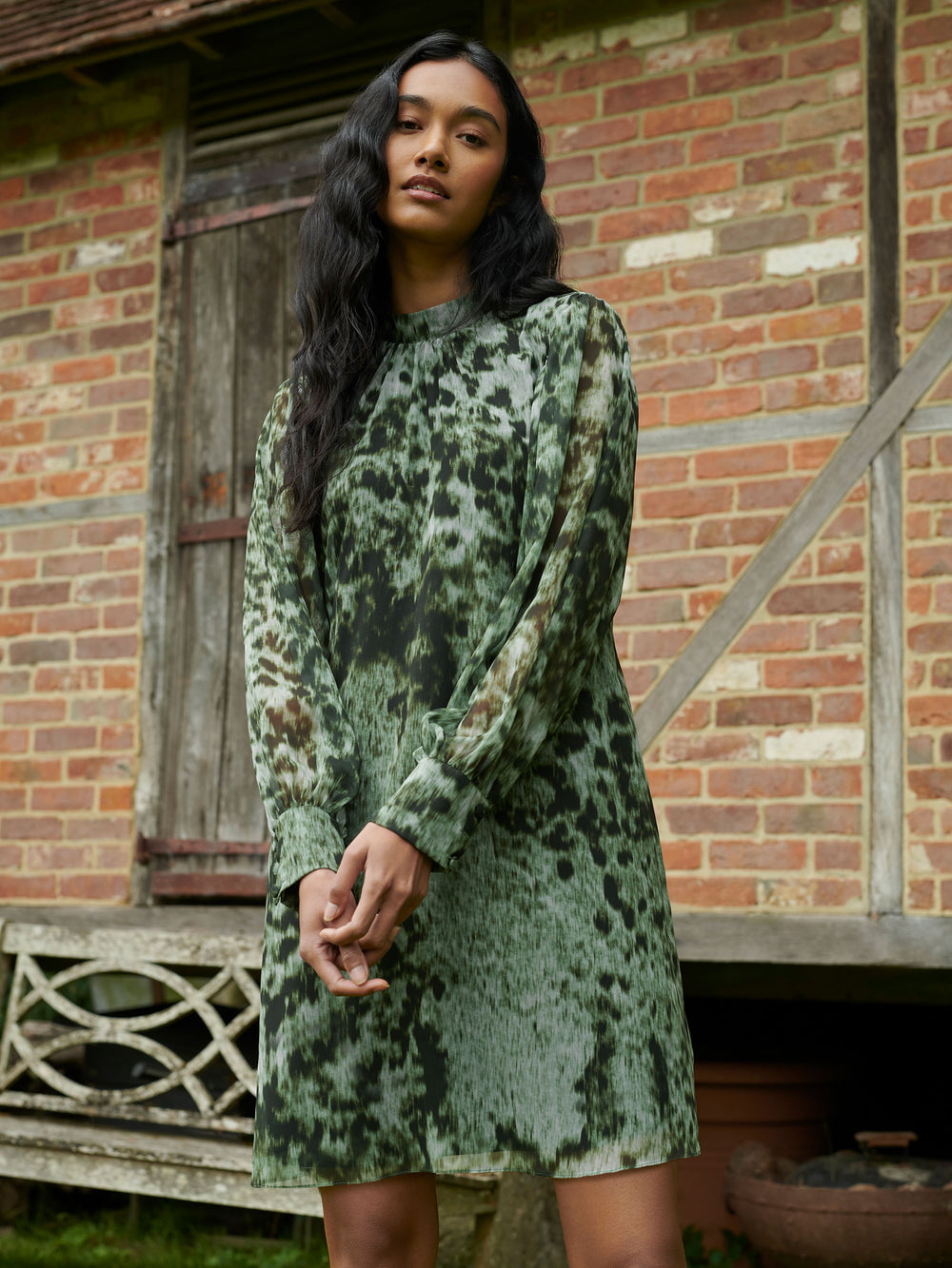Green Leopard Print High Neck Dress Ro&Zo Green Leopard Print High Neck Dress Ro&Zo