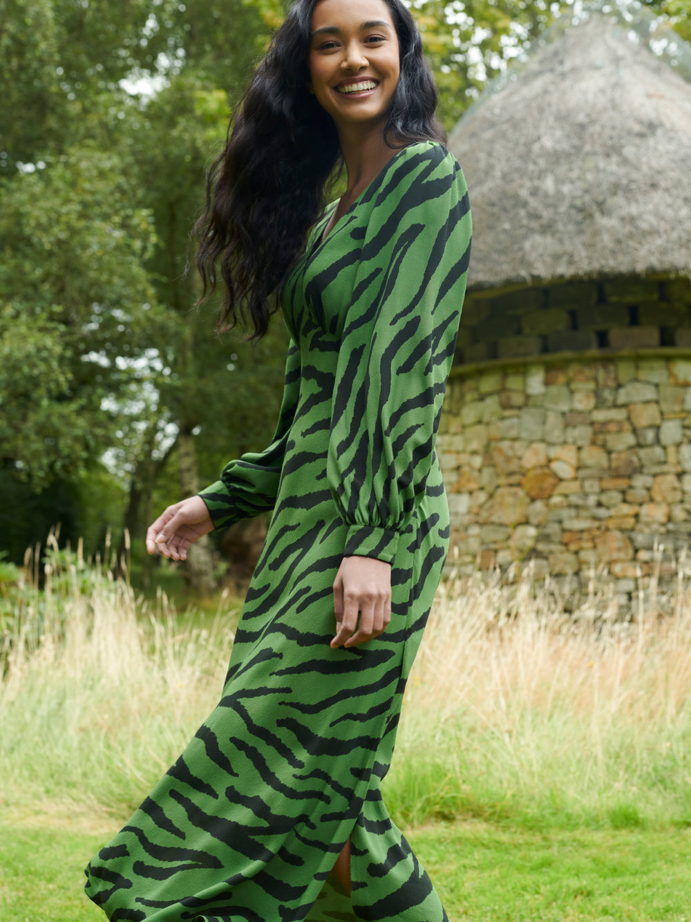 Green Zebra Print V-Neck Midi Dress Ro&Zo Green Zebra Print V-Neck Midi Dress Ro&Zo
