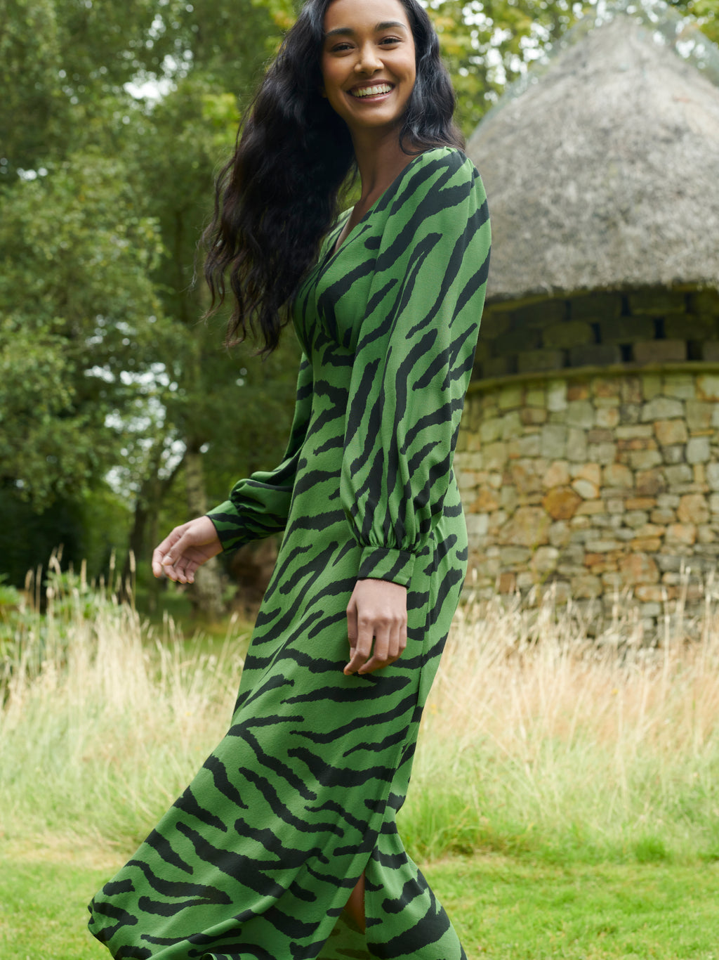 Green Zebra Print V-Neck Midi Dress – Ro&Zo