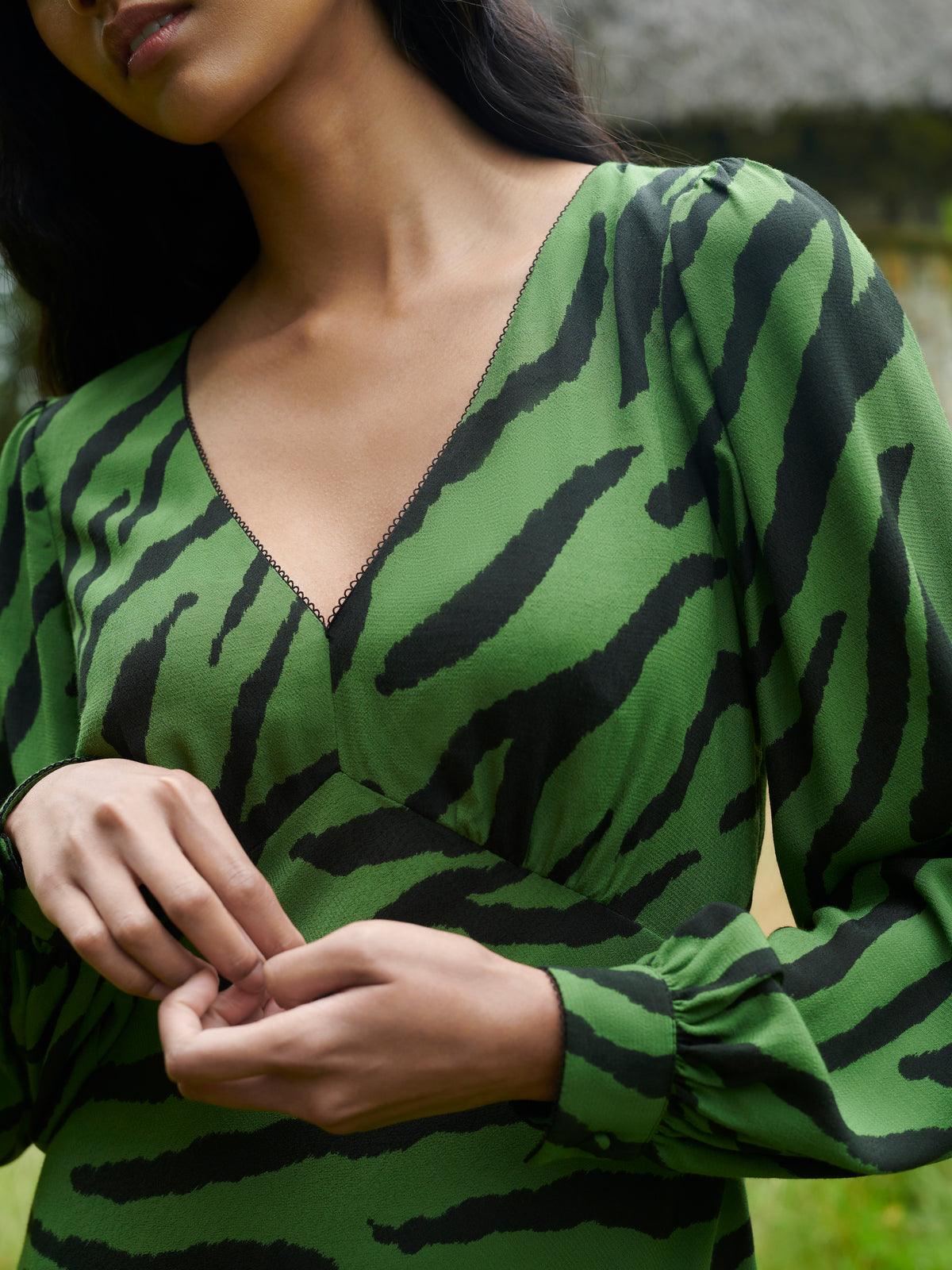 Green Zebra Print V-Neck Midi Dress