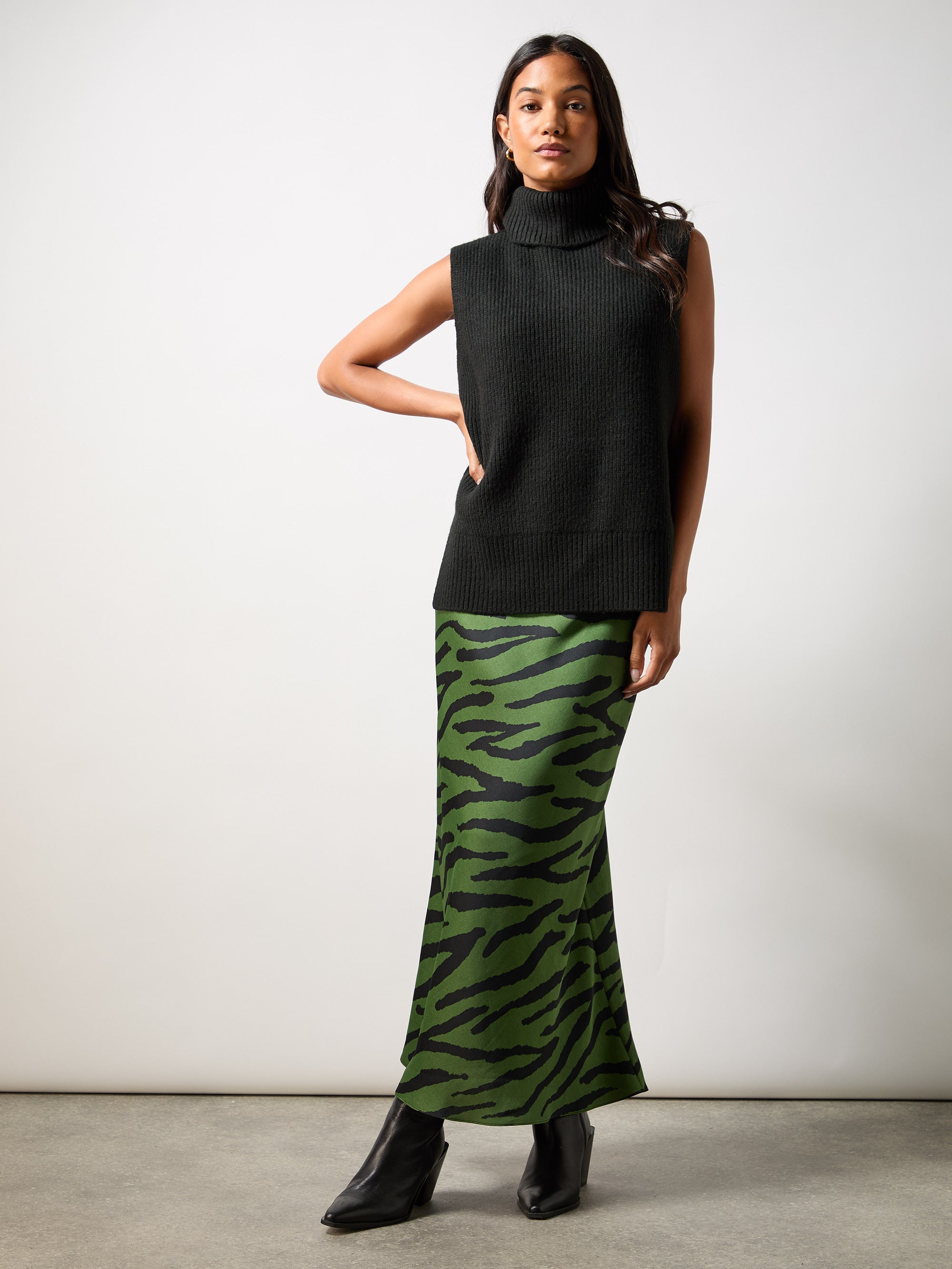 Petite Green Zebra Print Bias Cut Maxi Skirt Ro Zo