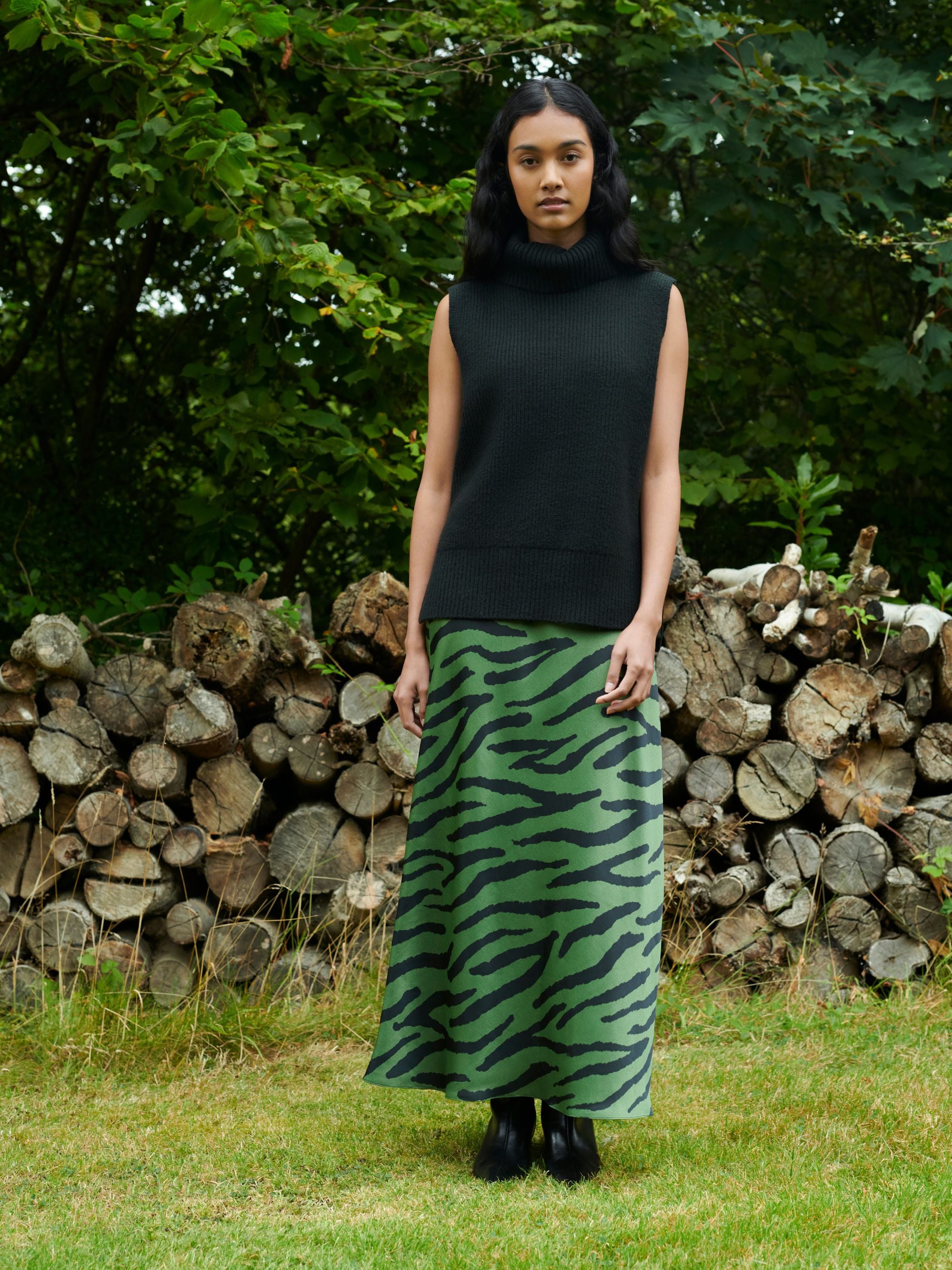 Green Zebra Print Bias Cut Maxi Skirt Ro Zo