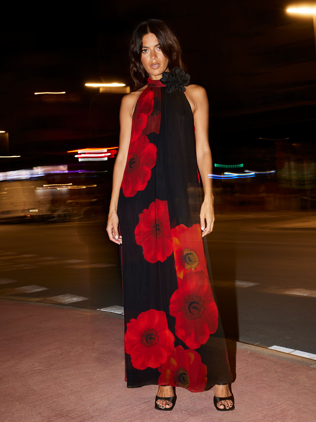 Isabella Red Floral Print Corsage Trim Maxi Dress