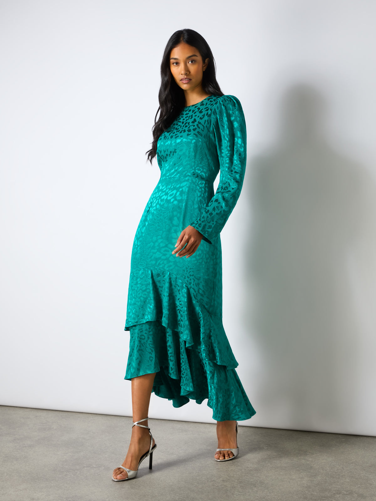 Angelina Teal Animal Jacquard Flute Hem Dress