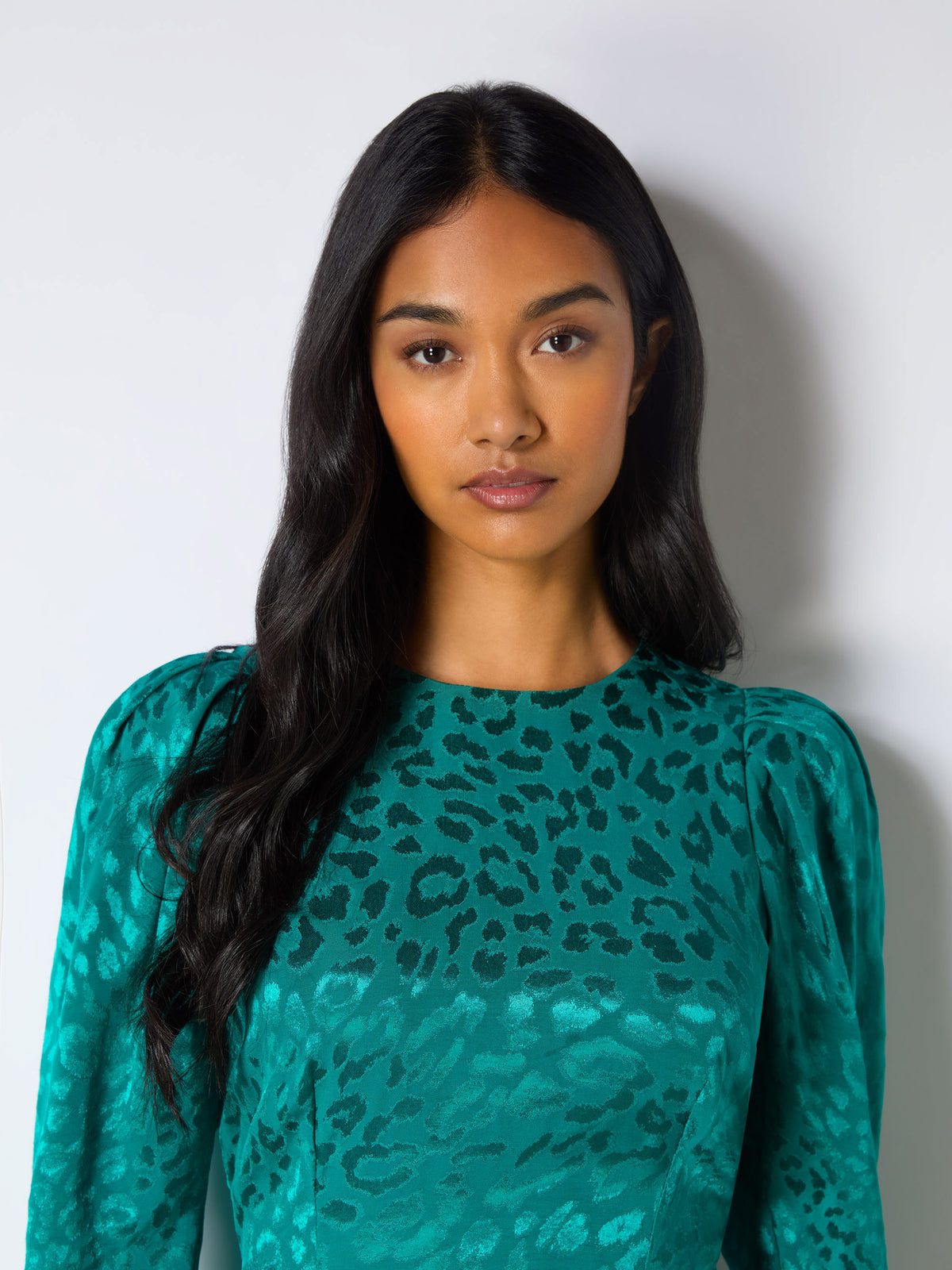 Angelina Teal Animal Jacquard Flute Hem Dress