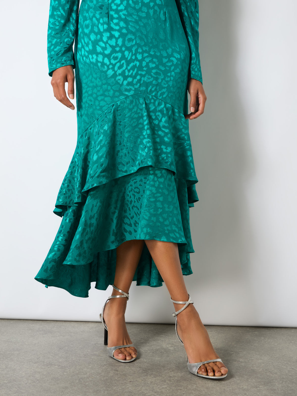 Angelina Teal Animal Jacquard Flute Hem Dress