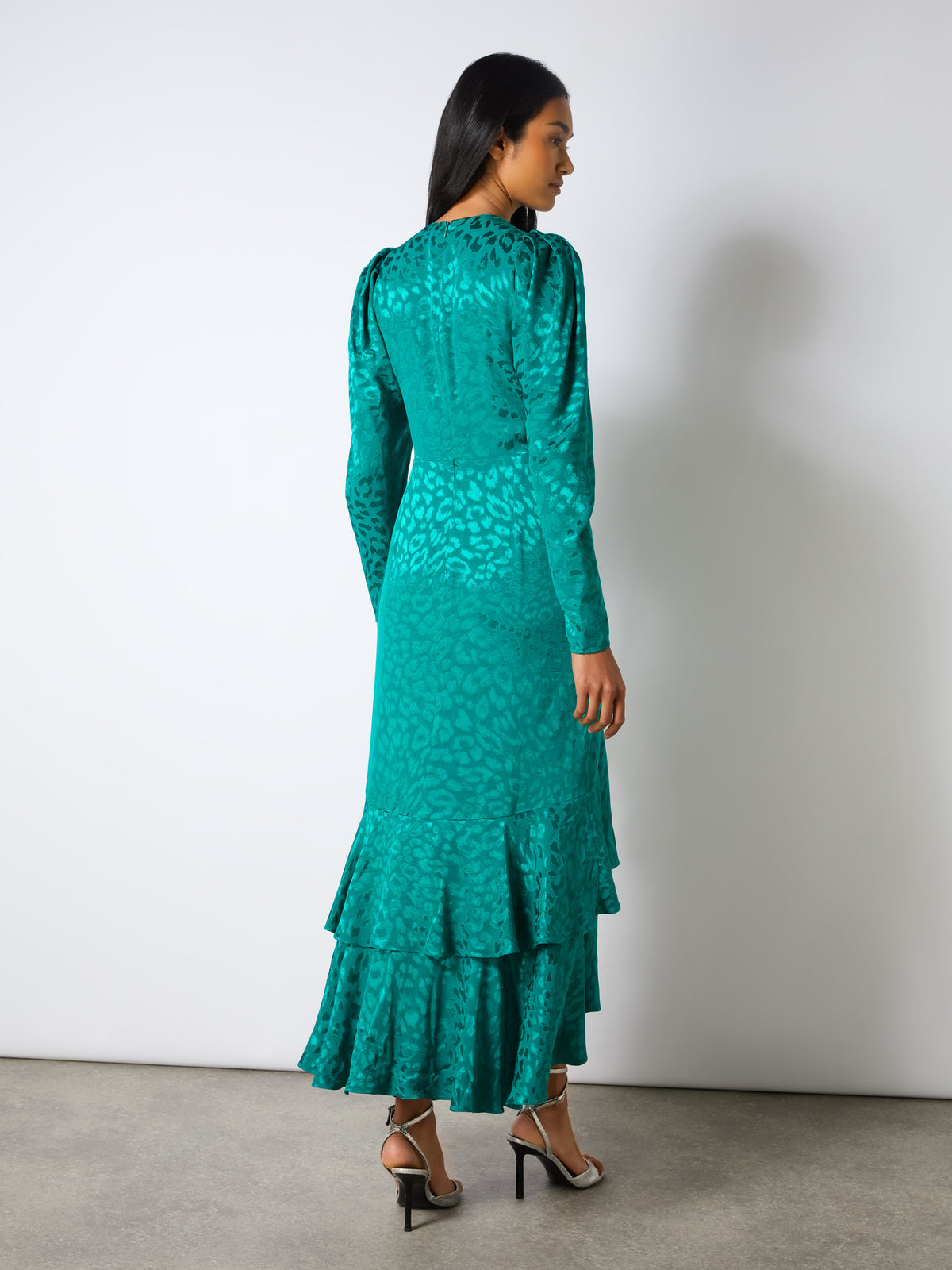 Angelina Teal Animal Jacquard Flute Hem Dress