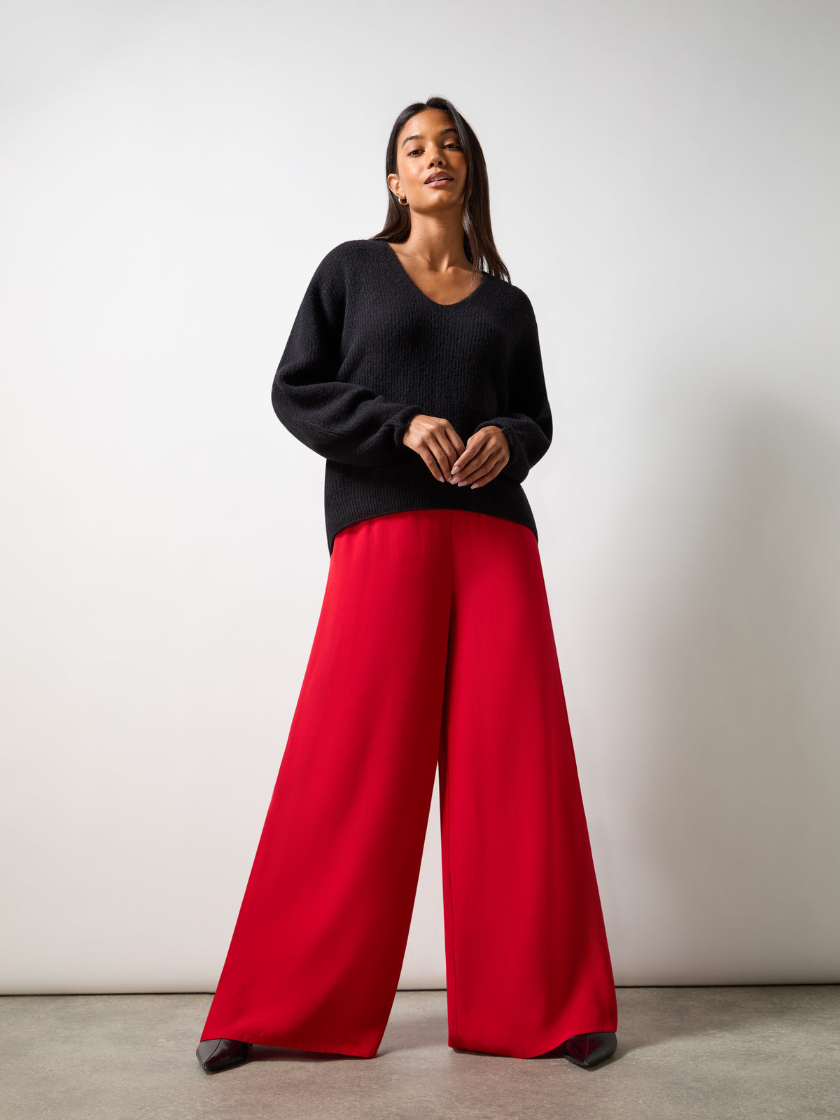 Petite Red Crepe Wide Leg Trouser