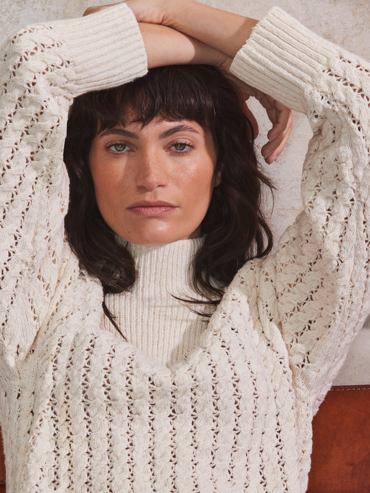 Cream Pointelle High Neck Jumper