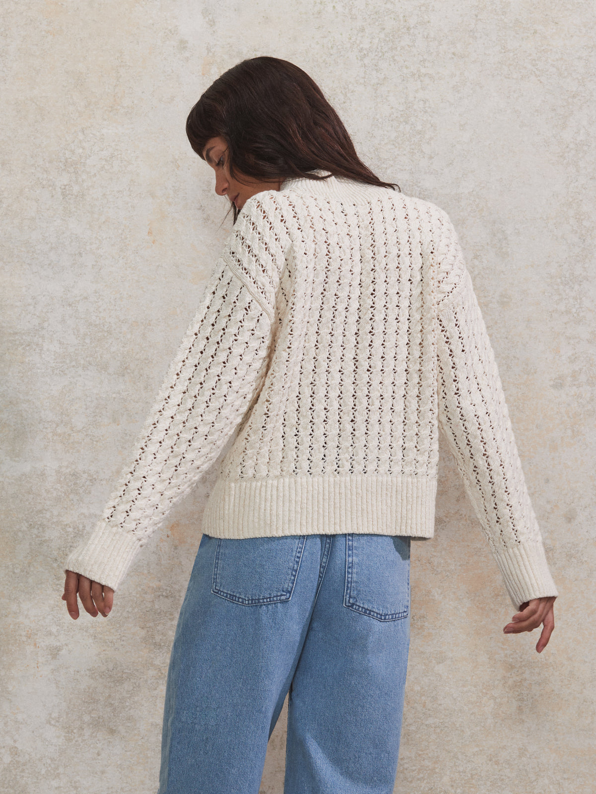 Cream Pointelle High Neck Jumper