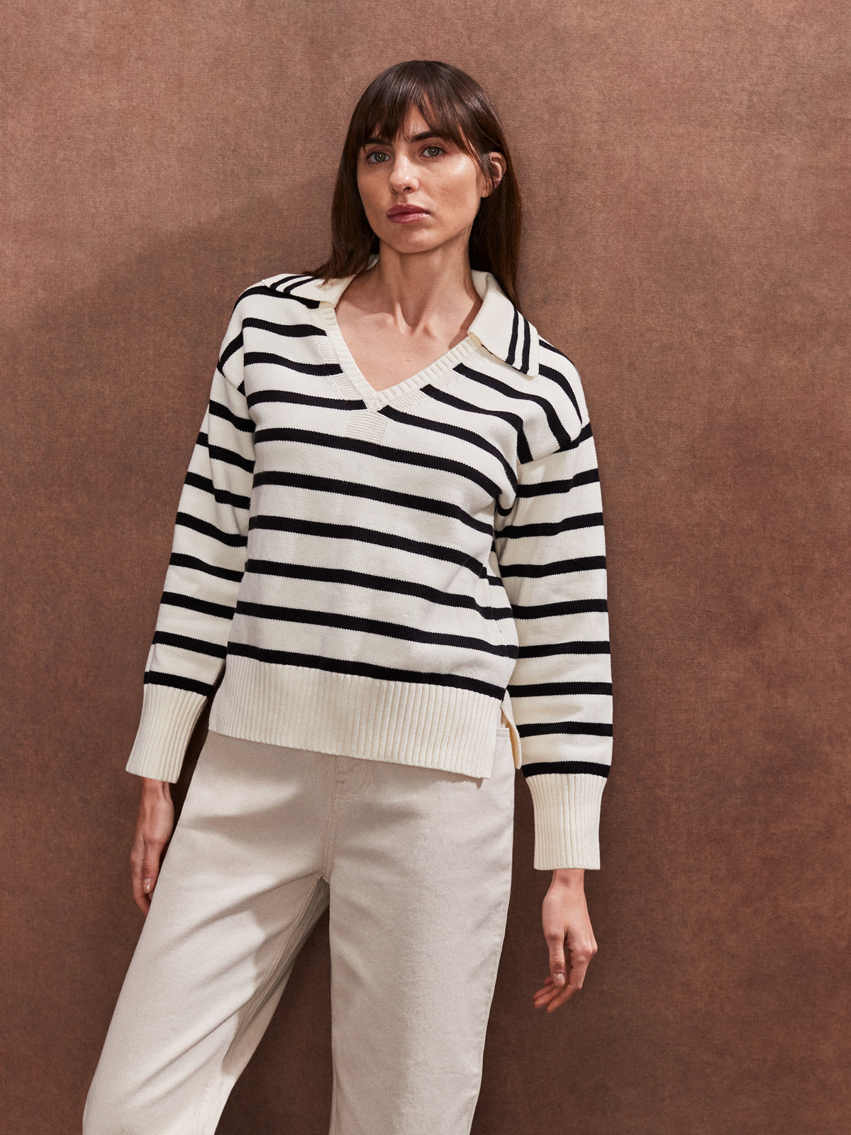 Striped V-Neck Cotton Blend Jumper