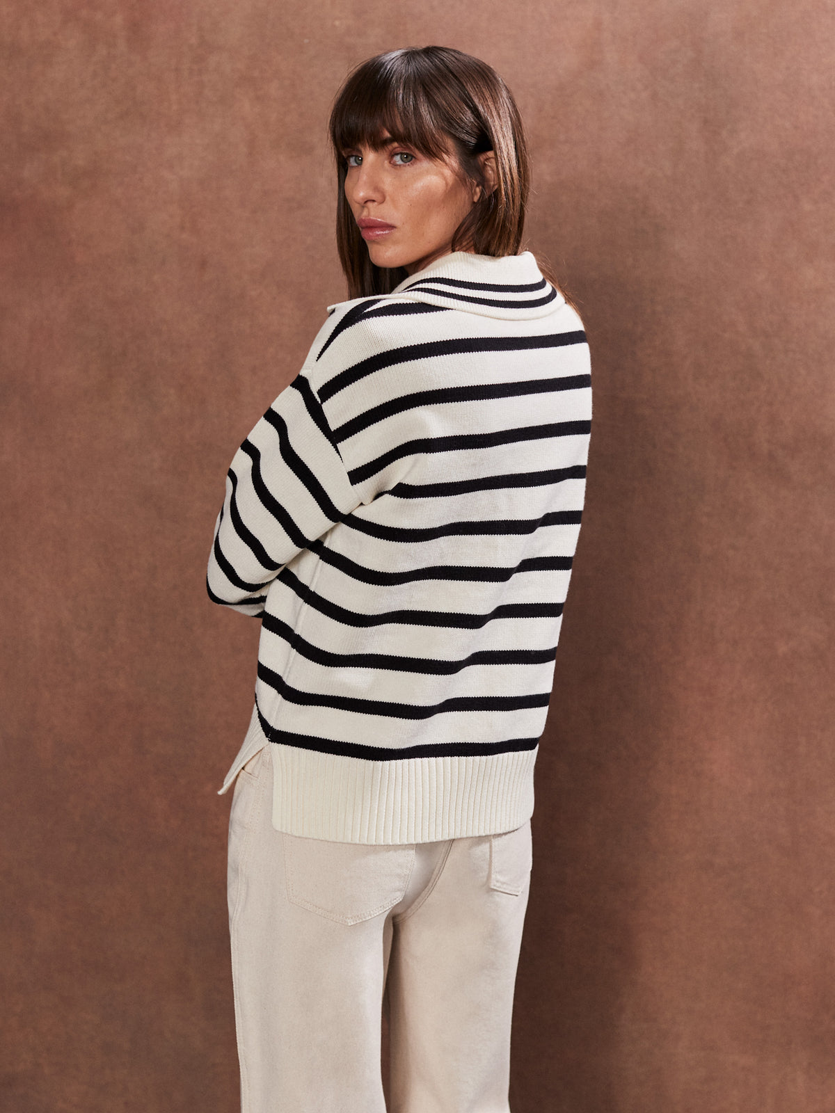 Striped V-Neck Cotton Blend Jumper