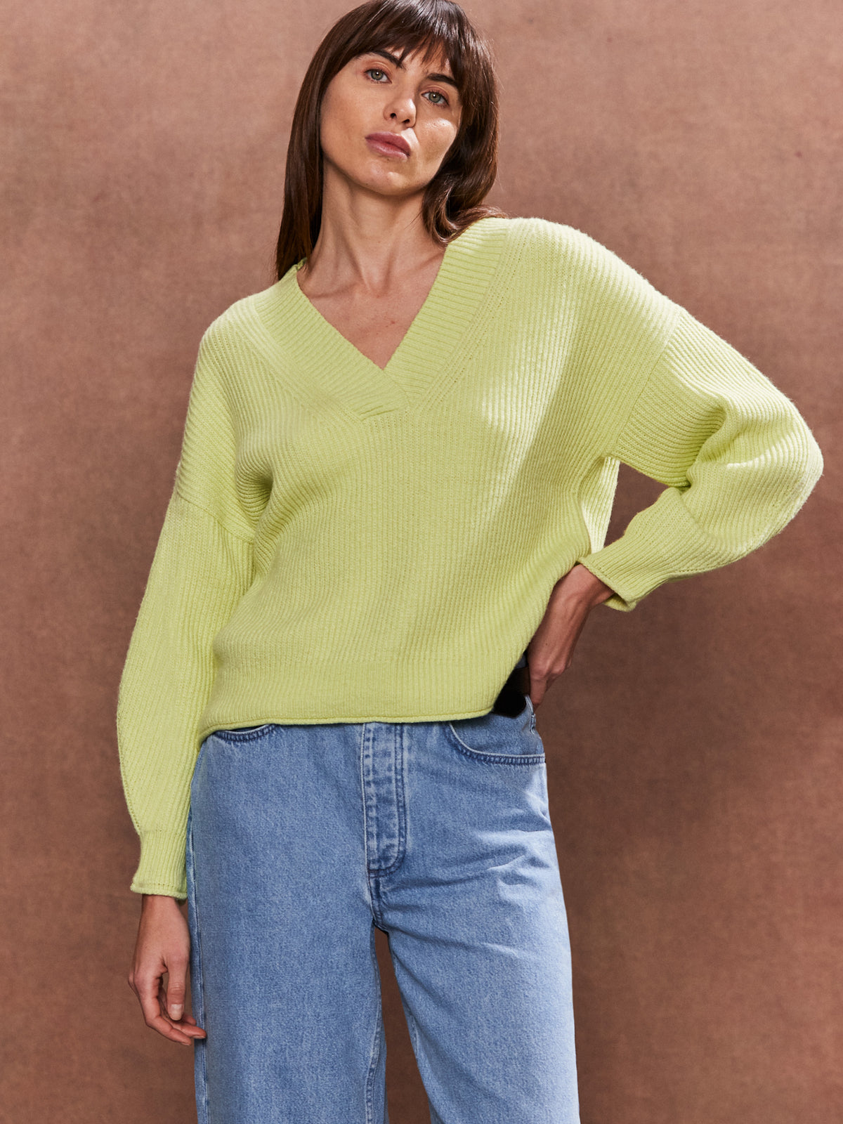 Lime V-Neck Rib-Knit Jumper