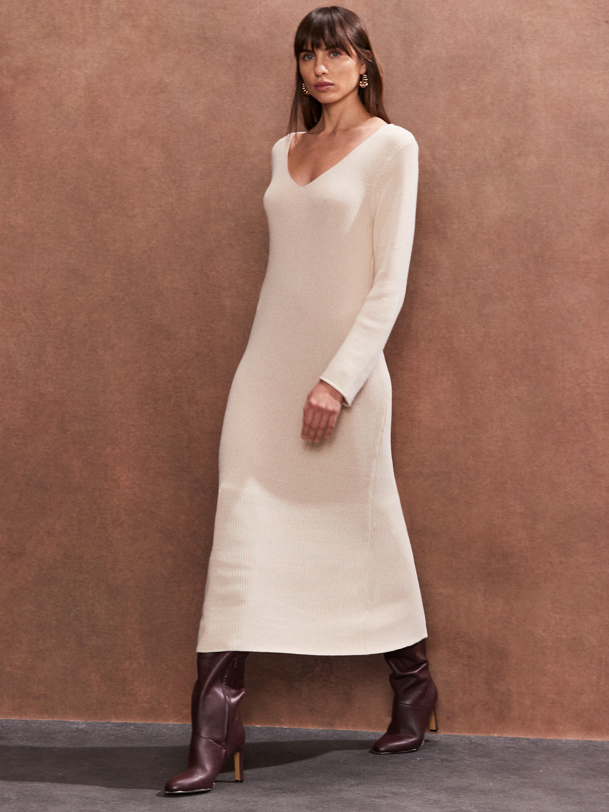 Oatmeal V Neck Knitted Midi Dress