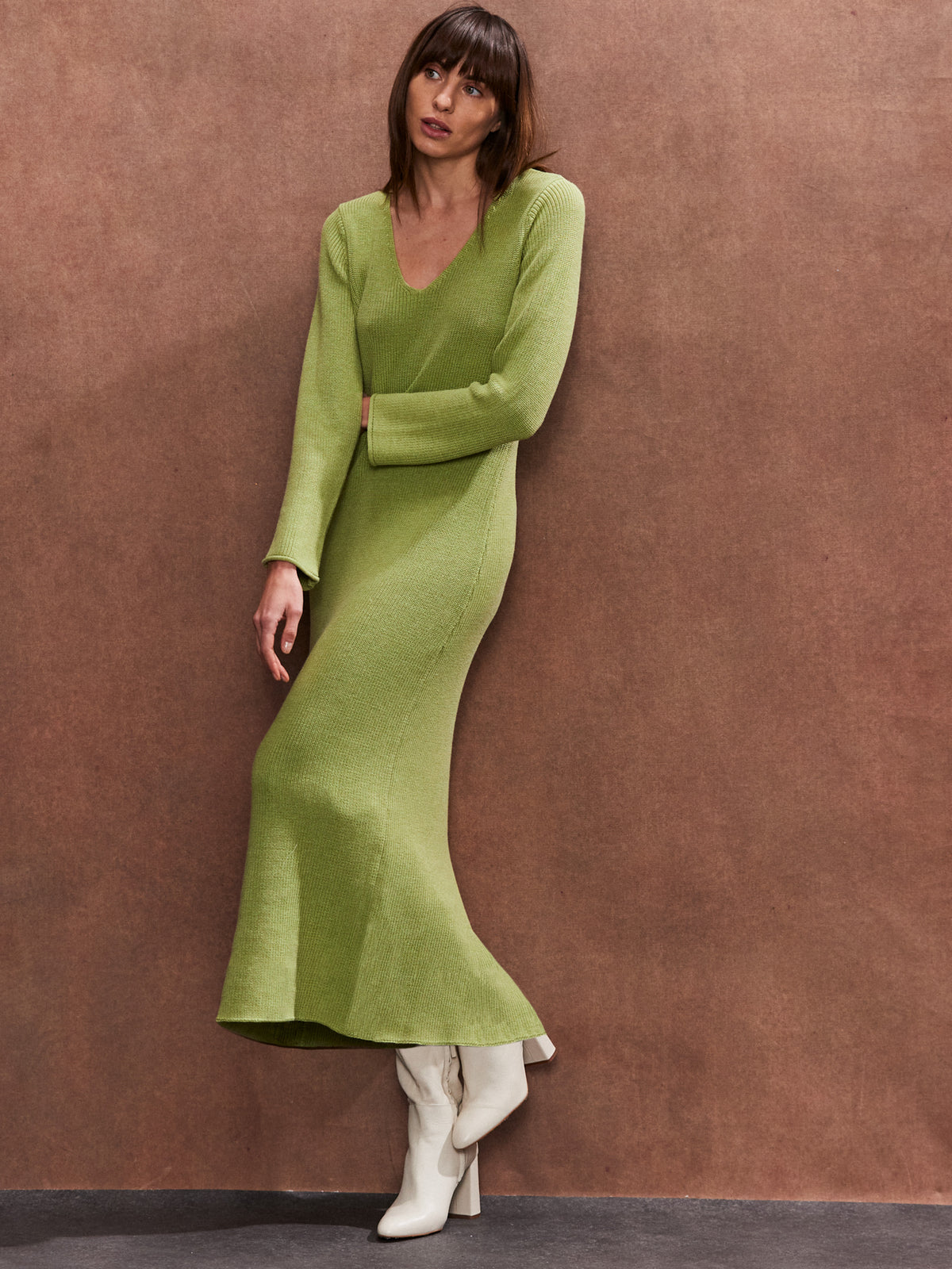 Sage V Neck Knitted Midi Dress