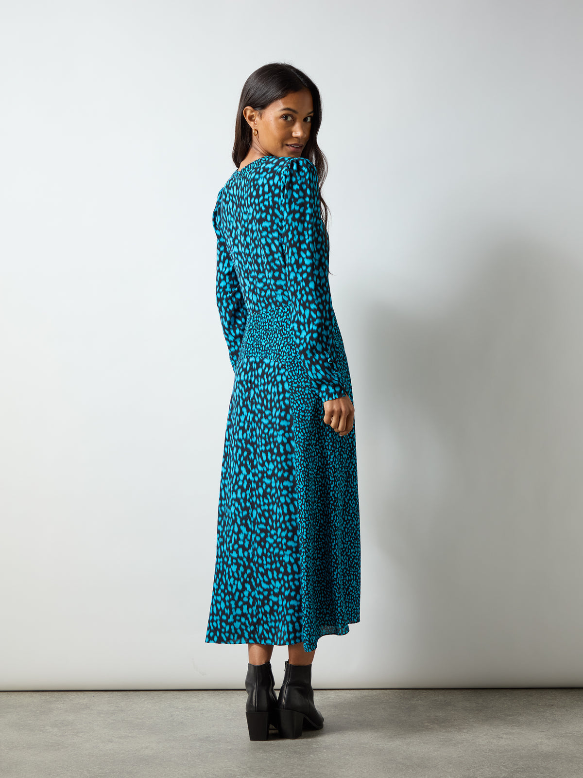 Petite Blue Dash Print Godet Detail Dress