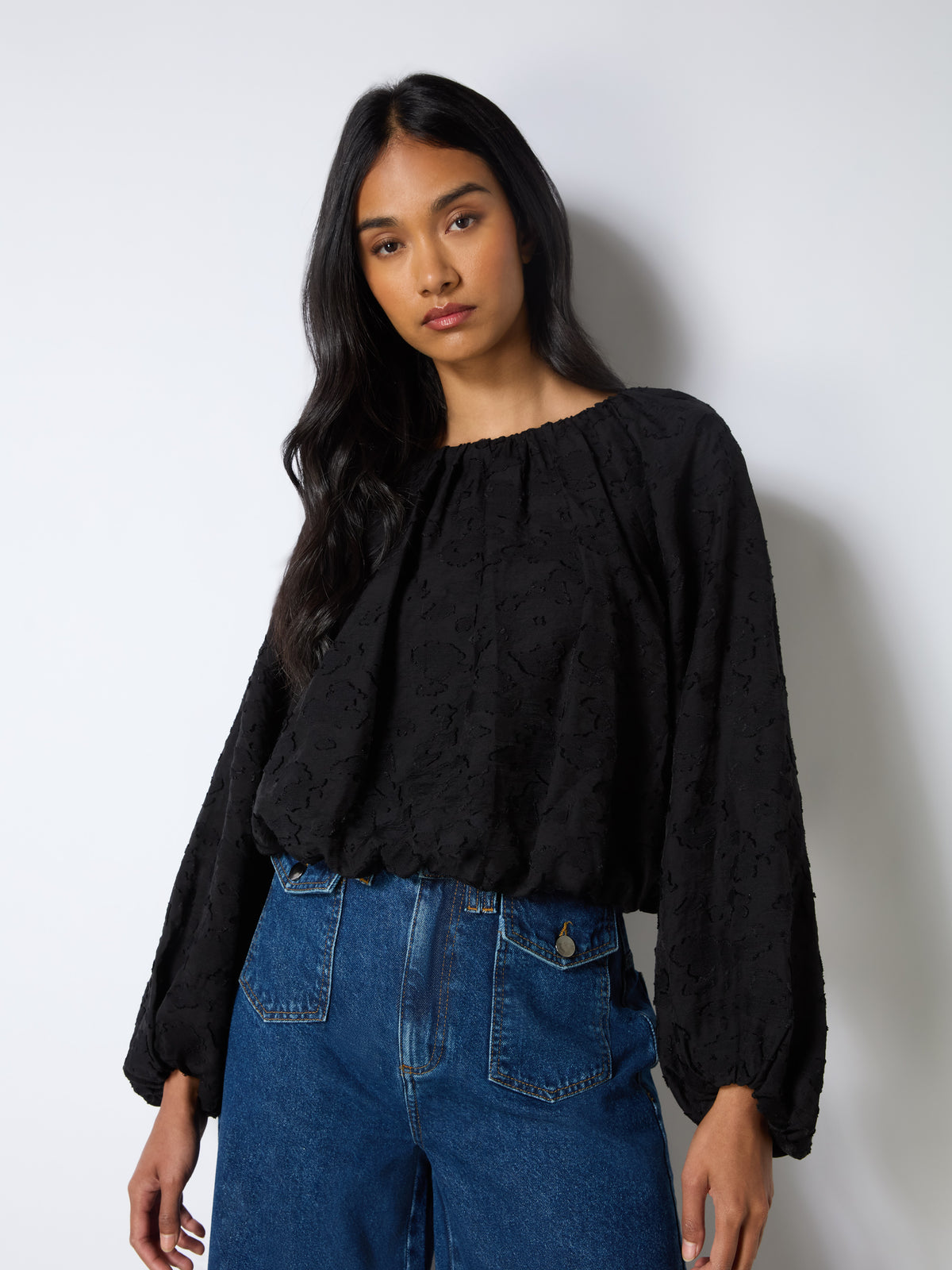 Black Leopard Jacquard Bubble Hem Top