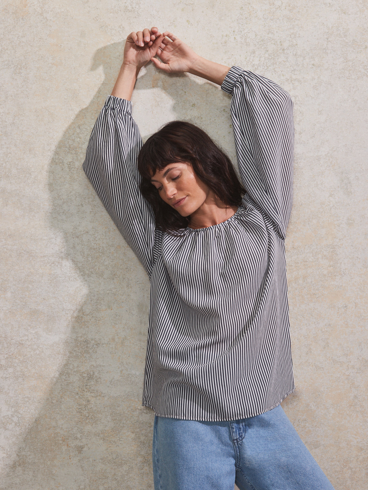 Navy Stripe Gathered Neck Blouse