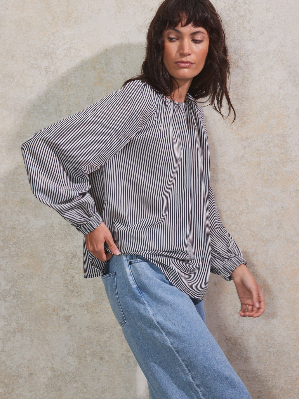 Stripe Gathered Neck Blouse
