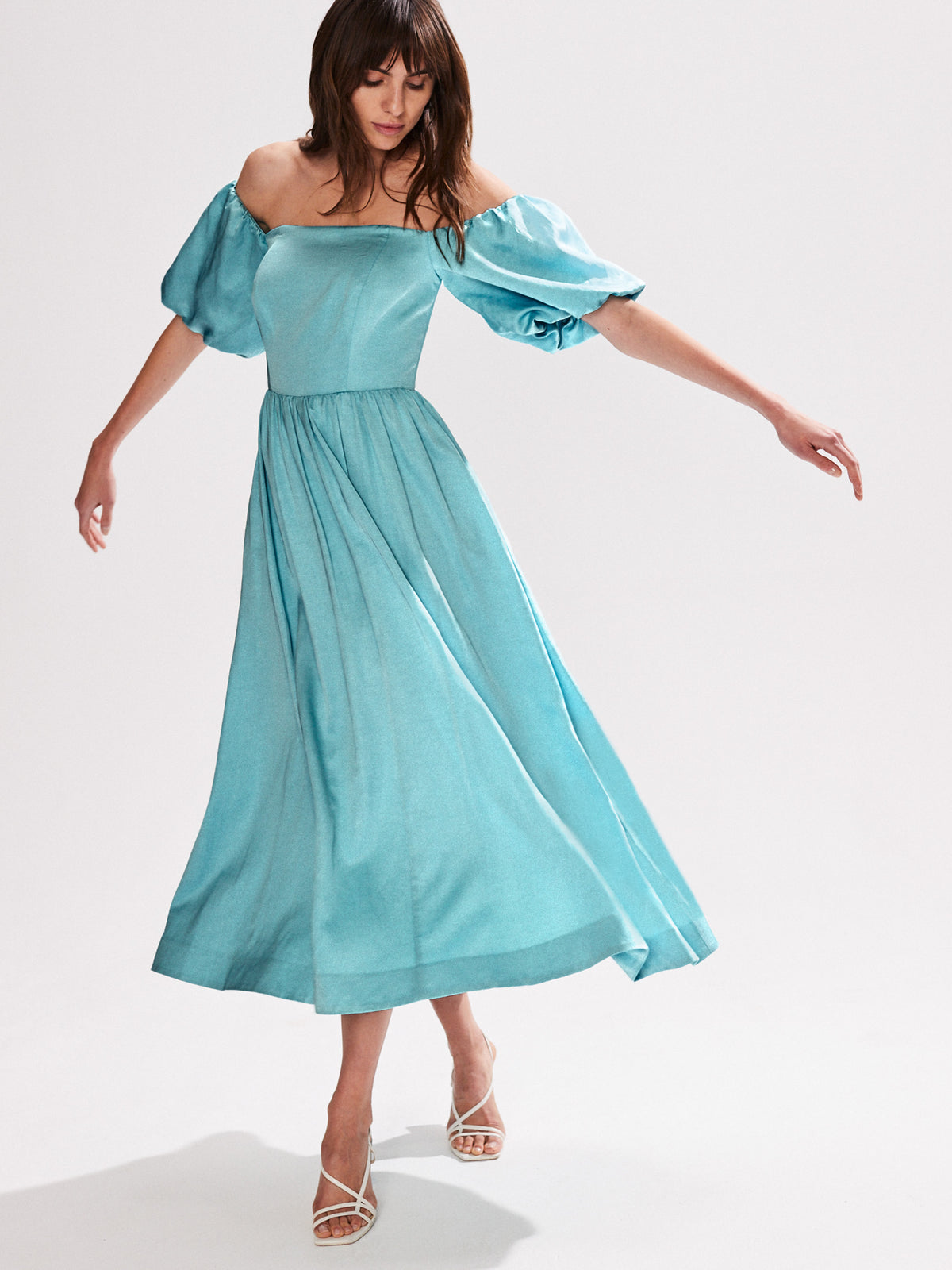 Alba Blue Bardot Puff Sleeve Maxi Dress