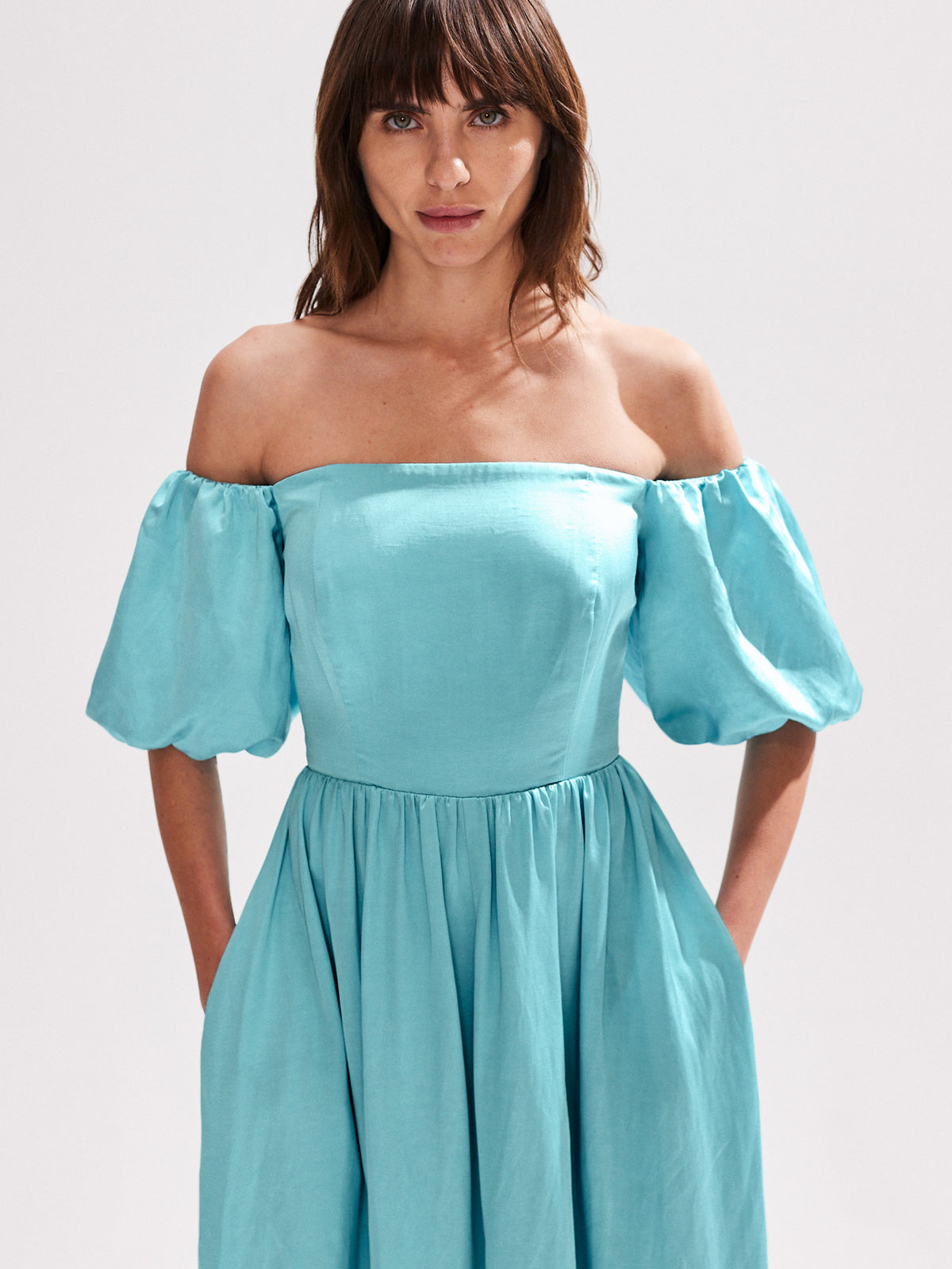 Alba Blue Bardot Puff Sleeve Maxi Dress