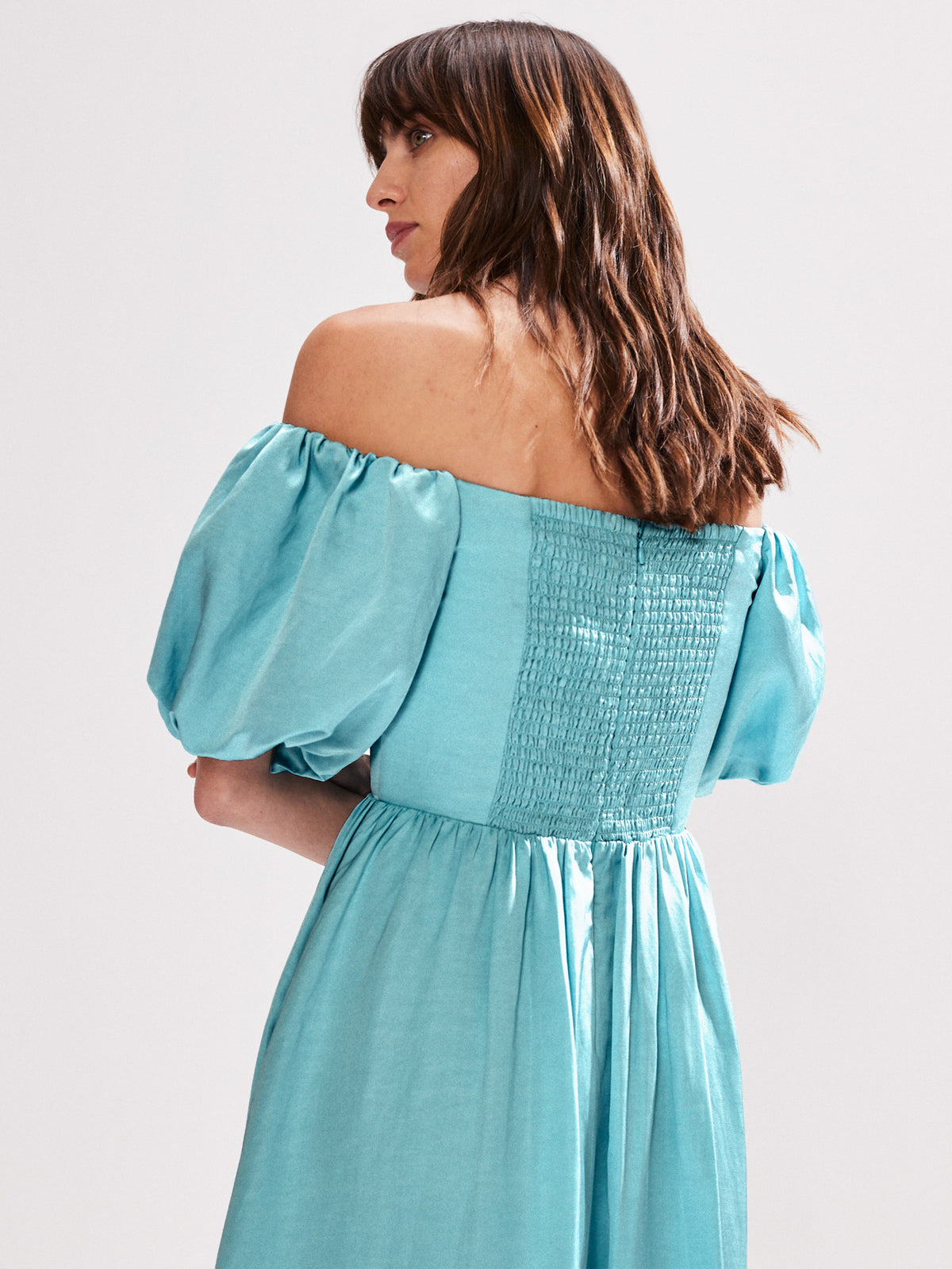 Alba Blue Bardot Puff Sleeve Maxi Dress