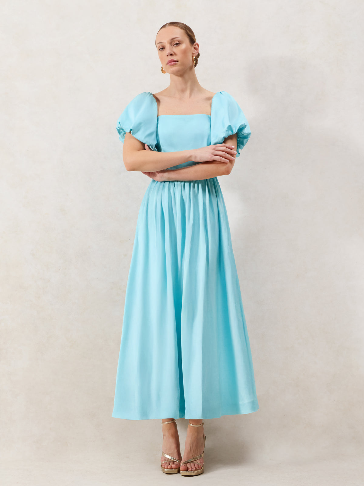 Alba Blue Bardot Puff Sleeve Maxi Dress