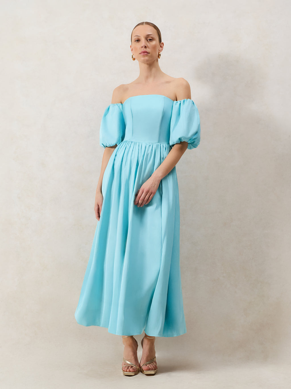 Alba Bardot Puff Sleeve Maxi Dress