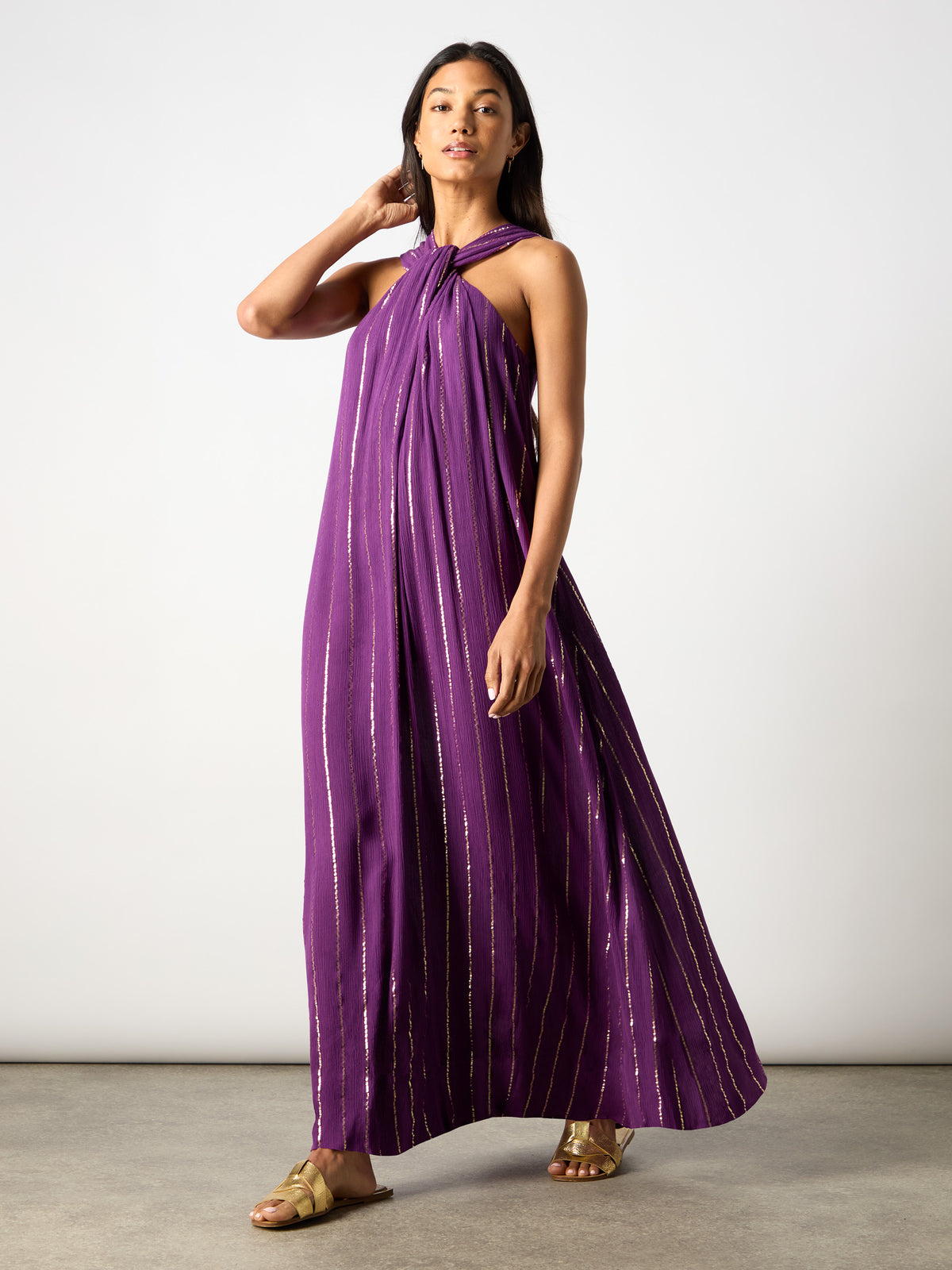 Purple Lurex Twist Neck Maxi Dress