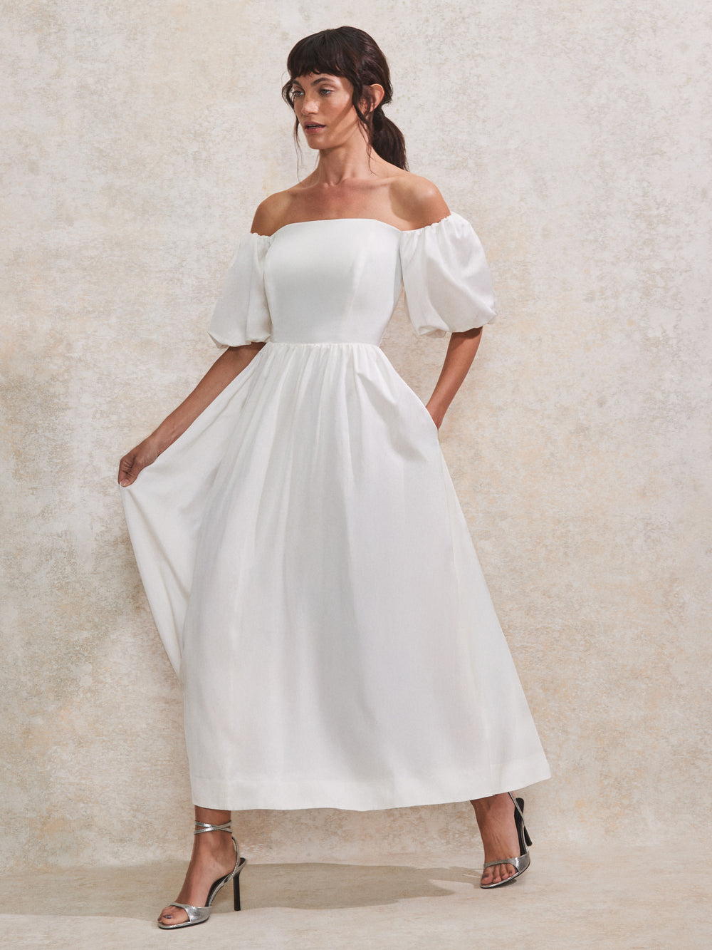 Alba Ivory Bardot Gathered-Sleeve Dress Ro&Zo Alba Ivory Bardot Gathered-Sleeve Dress Ro&Zo