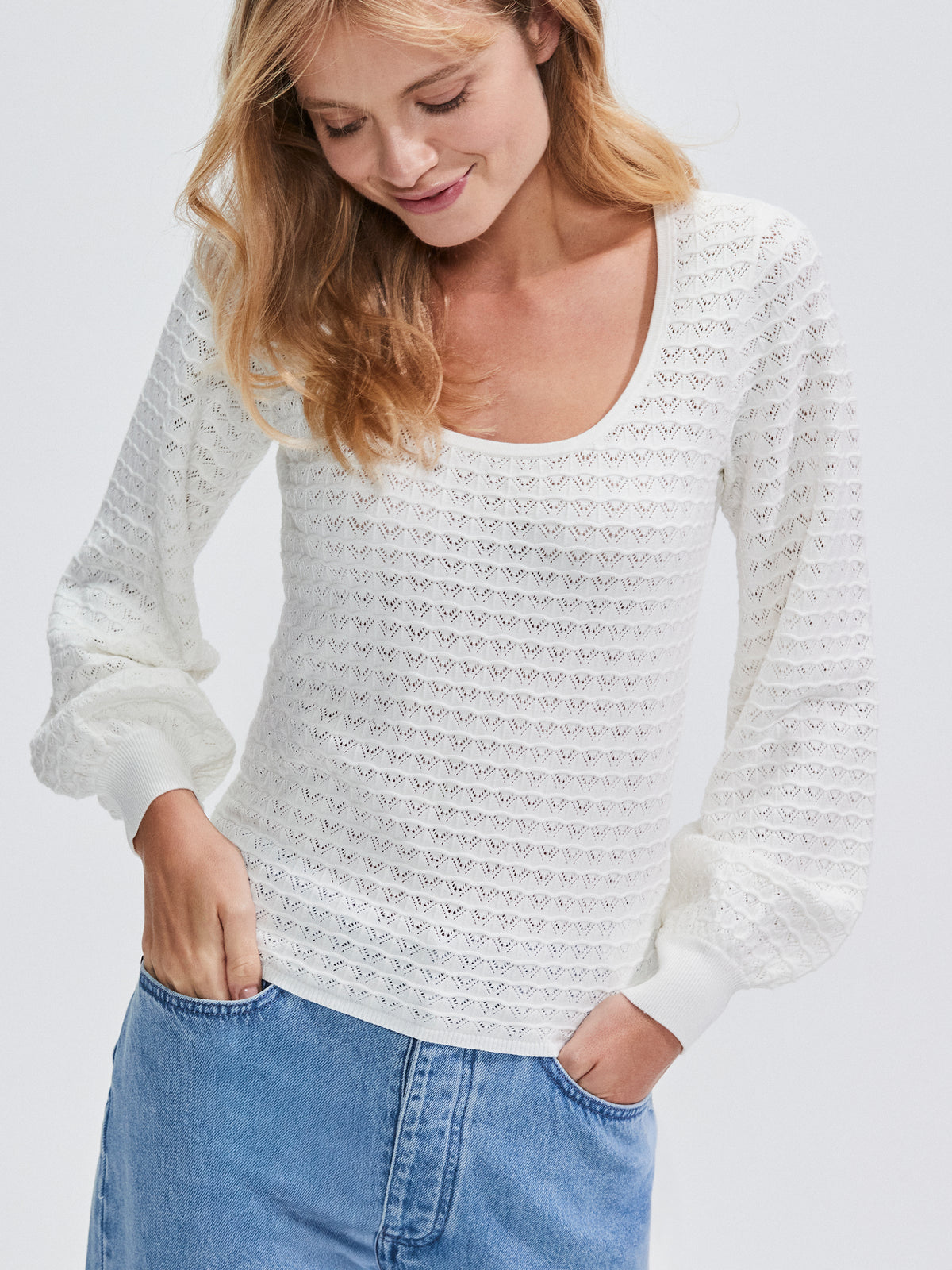 Ivory Pointelle Knit Round Neck Top