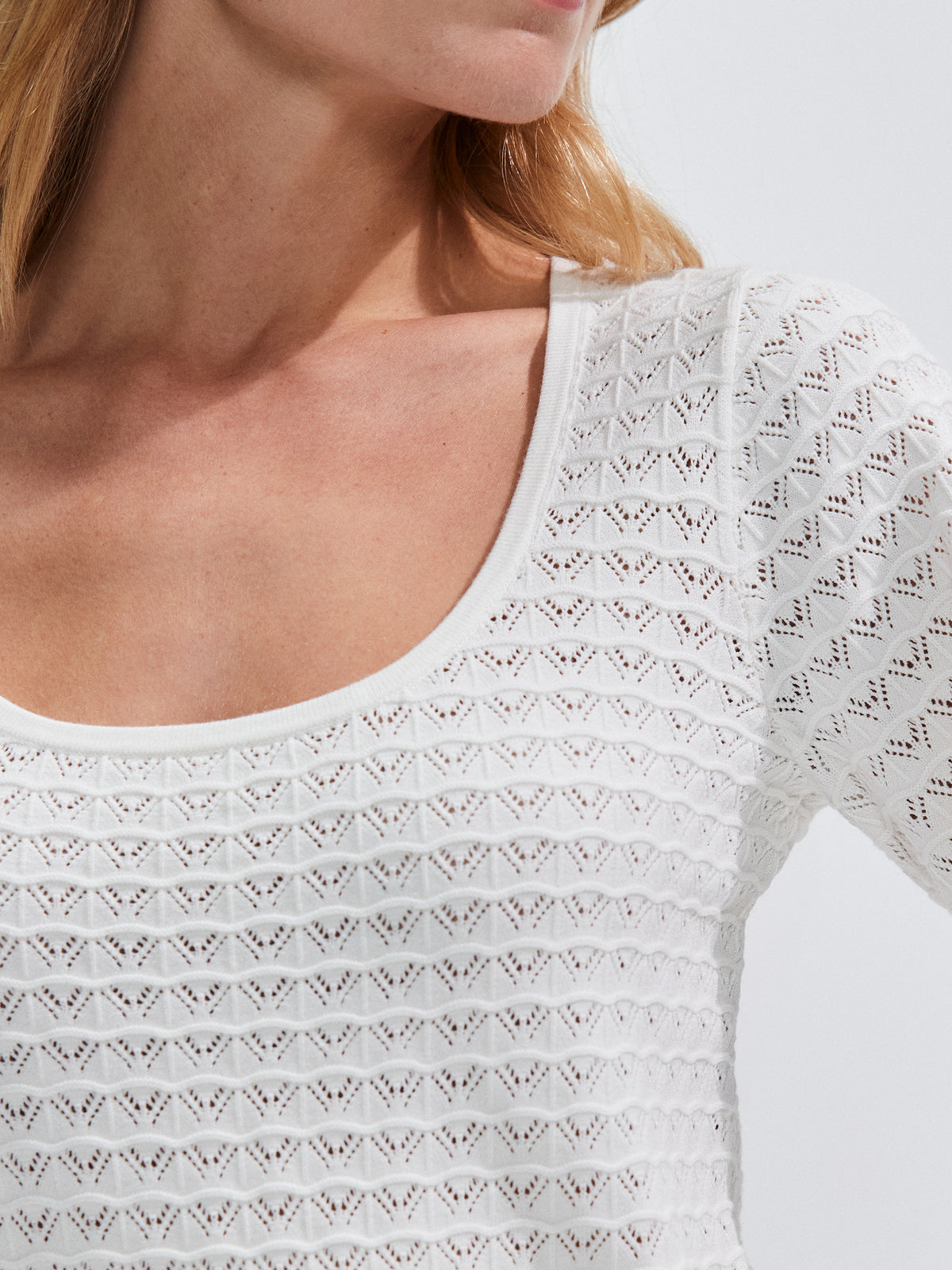 Ivory Pointelle Knit Round Neck Top