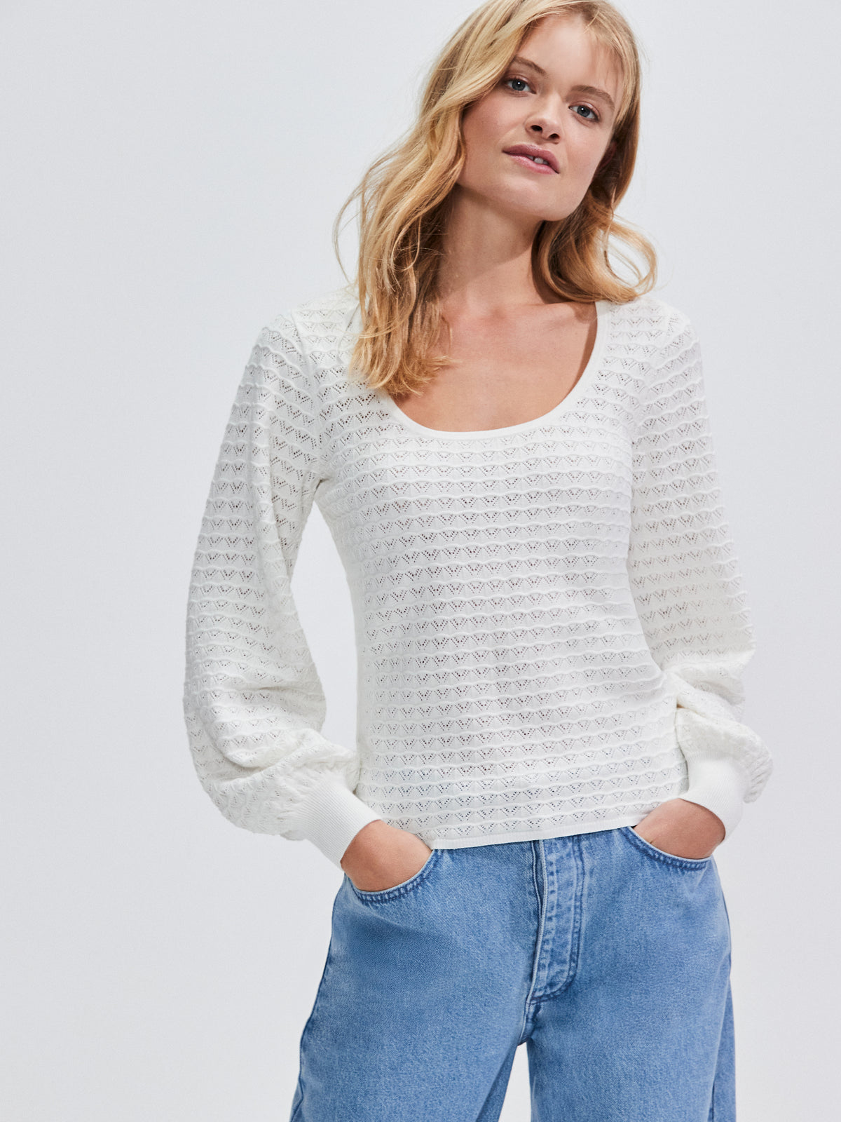 Ivory Pointelle Knit Round Neck Top